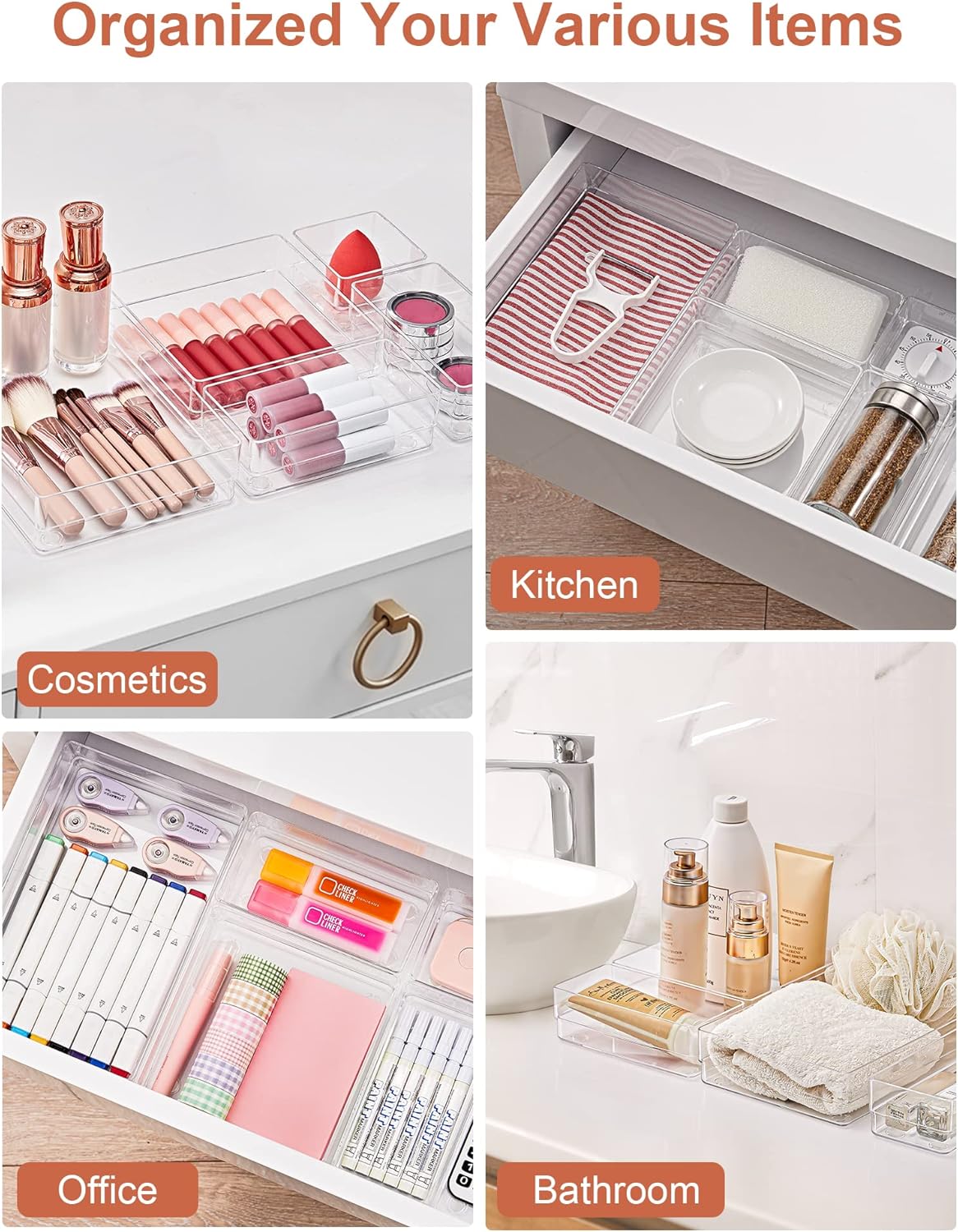 SMARTAKE 16-Piece Drawer Organizer with Non-Slip Silicone Pads, 5-Size Desk Storage Tray for Makeup, Jewelries, Utensils in Bedroom Dresser, Office and Kitchen, Clear