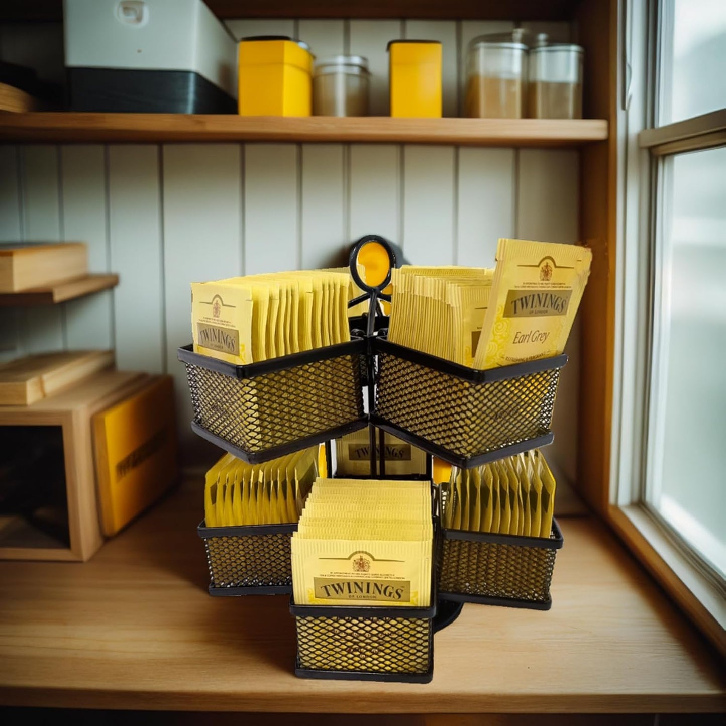 Tea Bag Organizer Coffee Holder Storage Spinning Carousel Basket Black Adjustable Tea Caddy For Kitchen Counter, Countertop, Cabinet