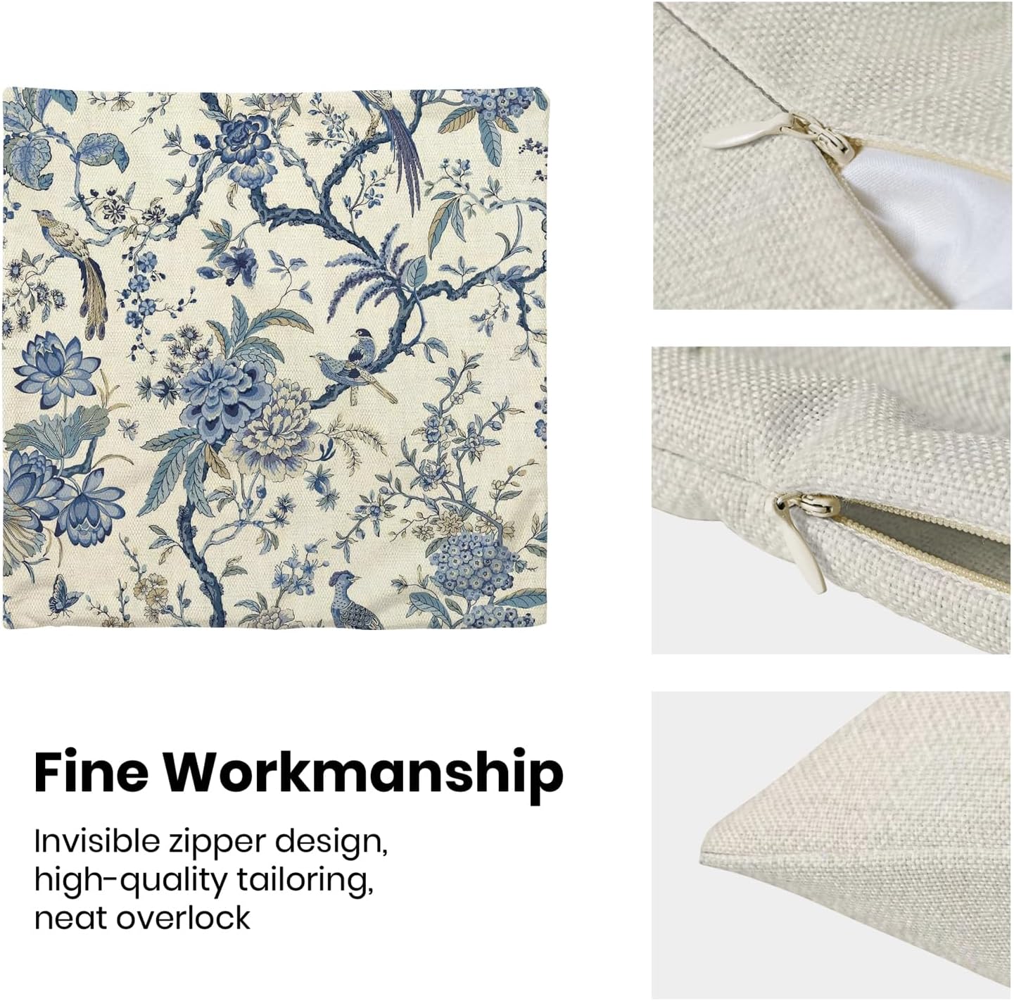 CXMEIFLY Spring Floral Birds Pillow Covers 20 x 20 Inch Set of 2 for Chinoiserie Flowers Decor Throw Pillows Blue and White Plant Outdoor Decorative Cushion Cases for Couch Bed Decorations