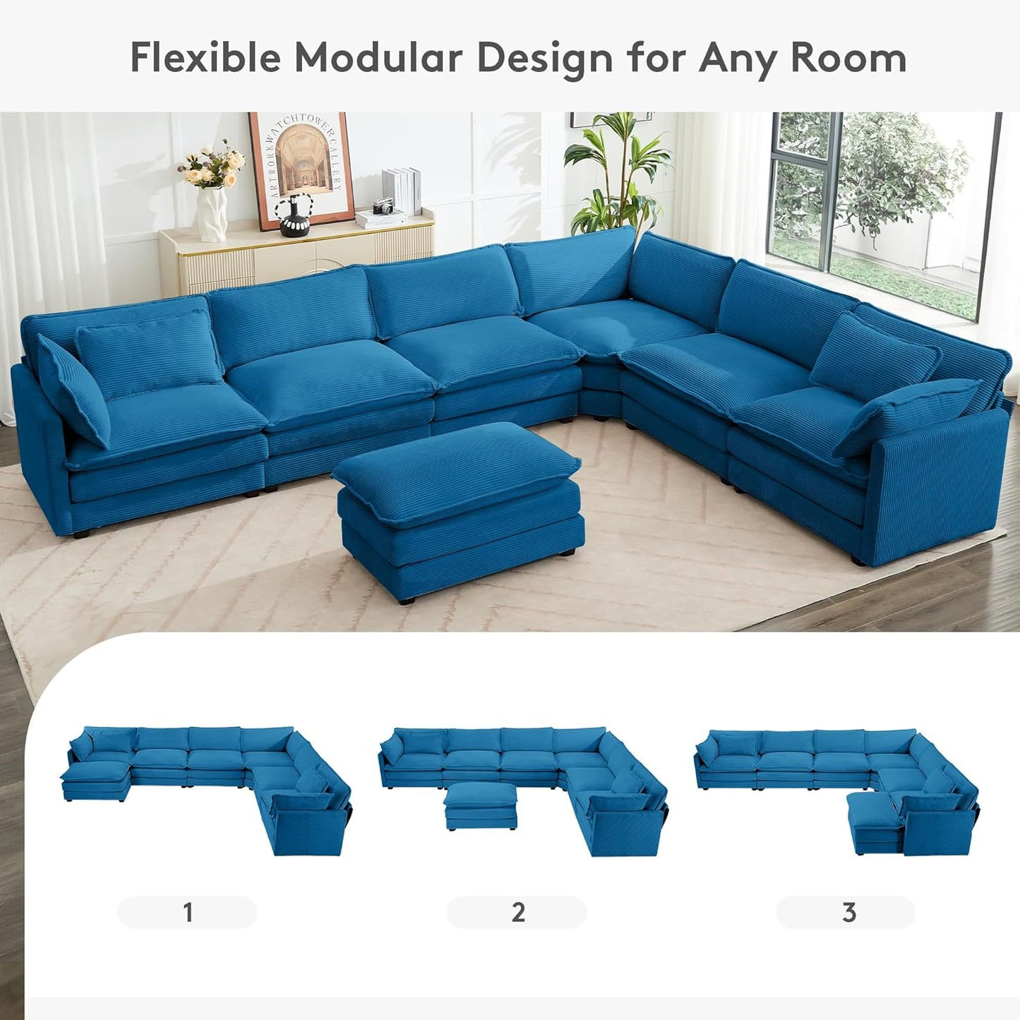 ROWHY 150'' Cloud Modular Sectional Sofa, 7 Seater Sectional Sofa Corduroy Oversized L Shaped Couch with 4 Pillows, Movable Ottoman, Deep Seat Sectional Couches for Living Room Office Bedroom, Blue
