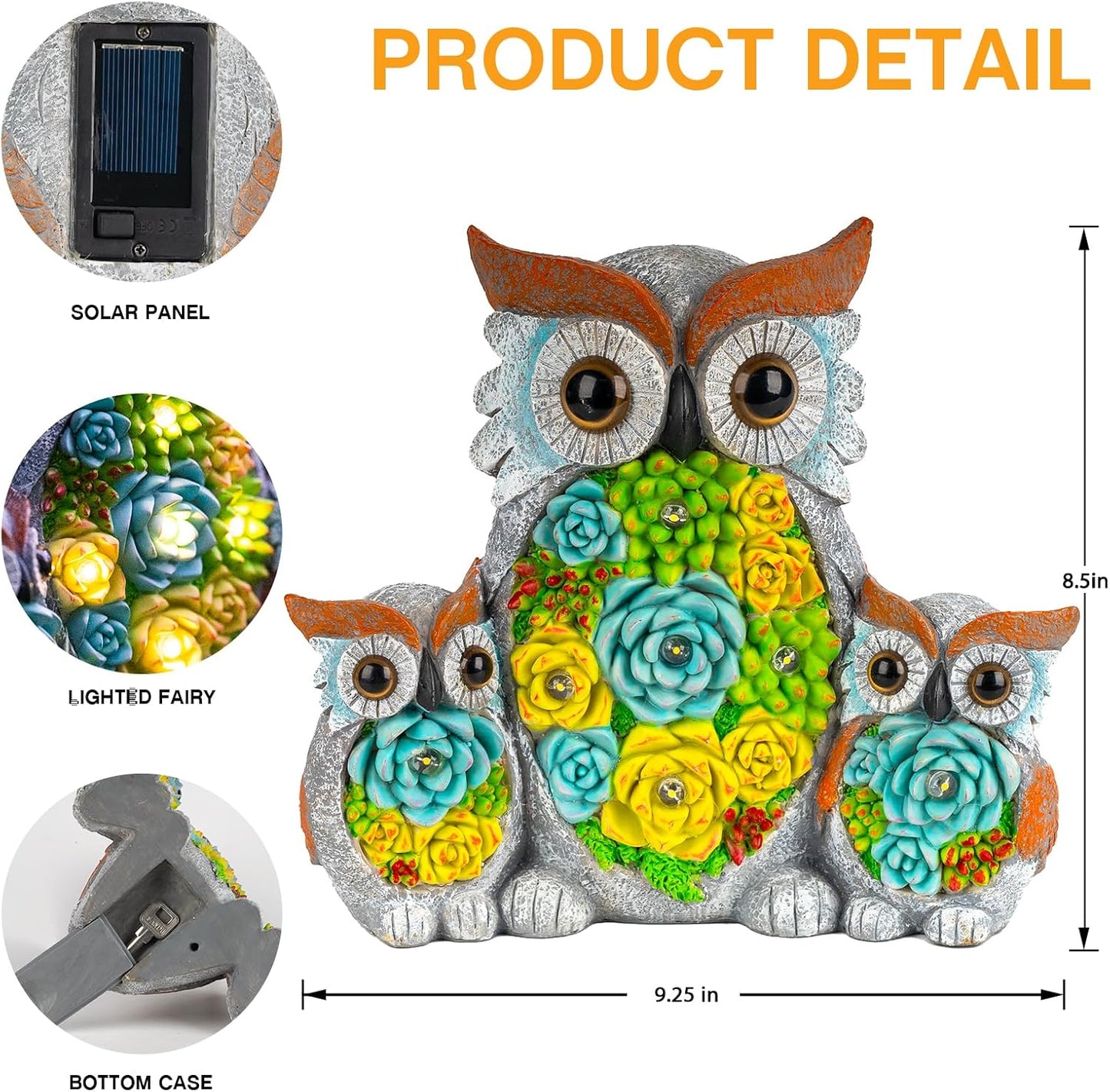 Solar Garden Statue Lights Owl Figurine with LED Lights, Outdoor Garden Succulent Ornaments, Mothers Day Mom Gifts for Outside Patio Yard Lawn Decor
