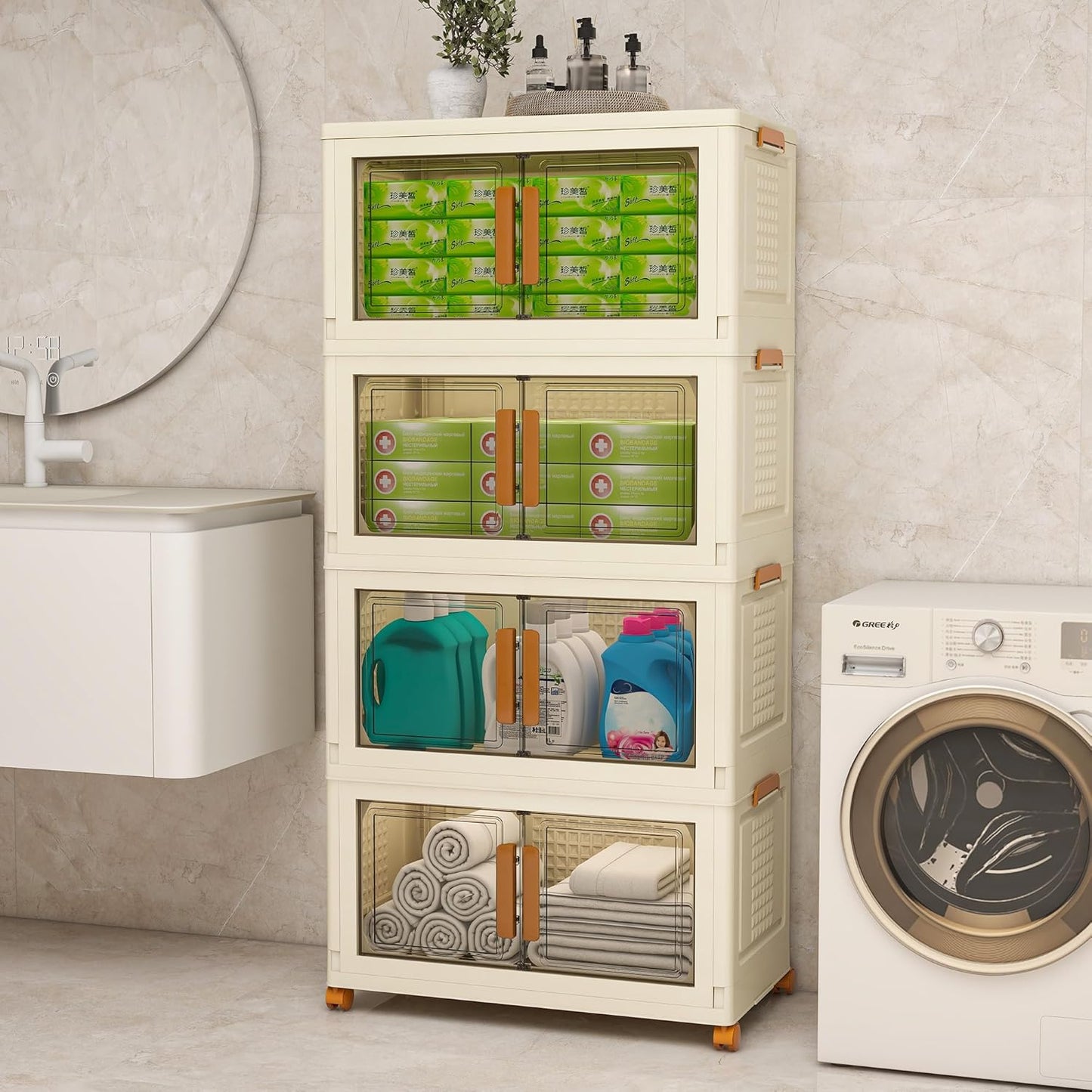 Plastic Stackable Storage Bins with Lids and Wheels, Foldable Closet Organizers and Storage Containers for Bathroom, Collapsible Clear Drawer Storage Cabinet with Doors White 11.4Gal 4Tiers