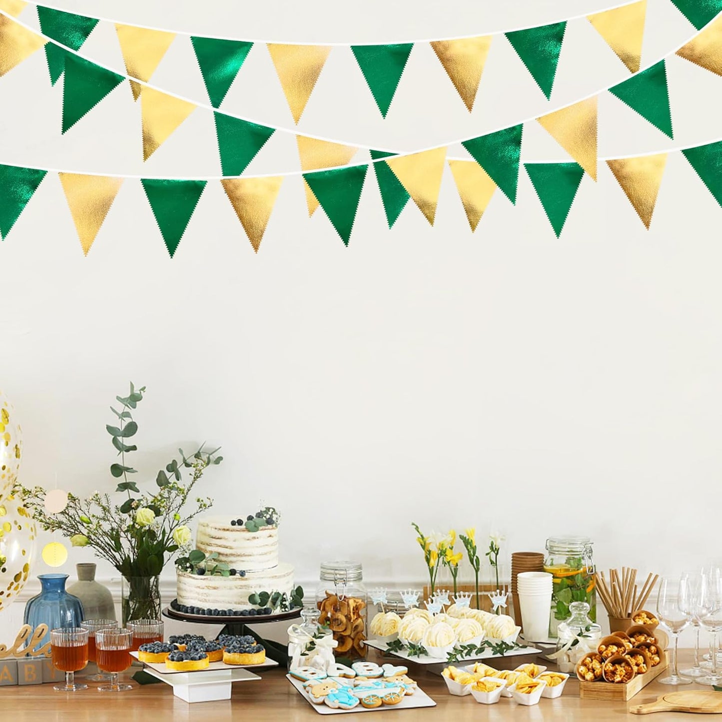 Green Gold Party Decorations Metallic Fabric Triangle Pennant Banner Flag Bunting Garland for Graduations Birthday Retirement Wedding Baby Shower Spring Summer Master Golf Theme Outdoor Party Supplies