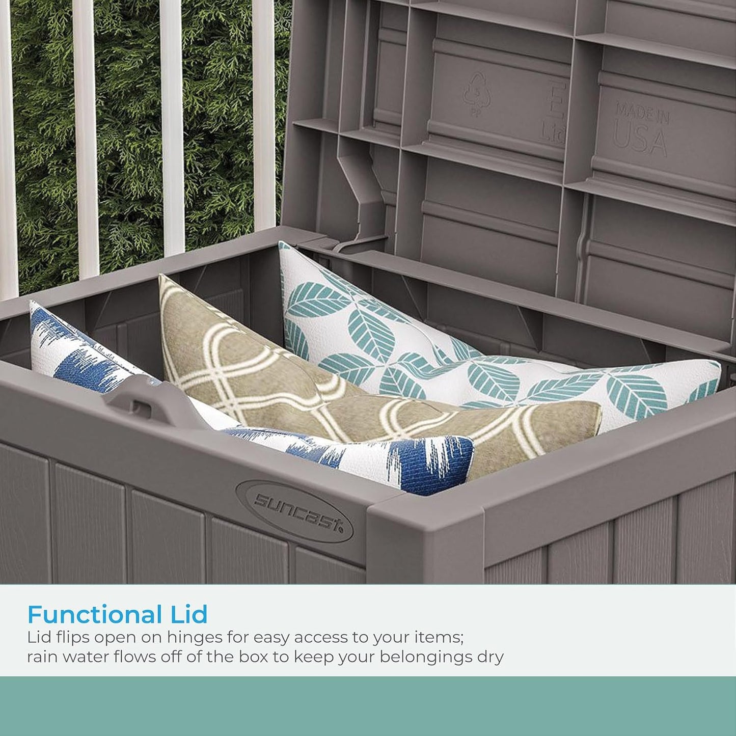 Suncast 22-Gallon Small Deck Box - Lightweight Resin Indoor/Outdoor Storage Container and Seat for Patio Cushions and Gardening Tools - Store Items on Patio, Garage, Yard - Stone Gray, Made in the USA