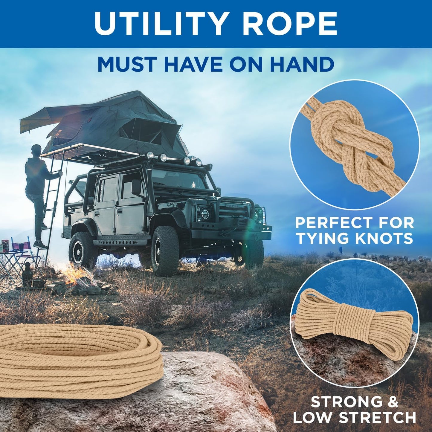 TECEUM Cotton Rope 3/16” (5 mm) – 100 FT – Strong All-Purpose Braided Rope – Natural Cotton – for Crafting, Сamping, Clothes Line, DIY, Indoor & Outdoor Use – Beige