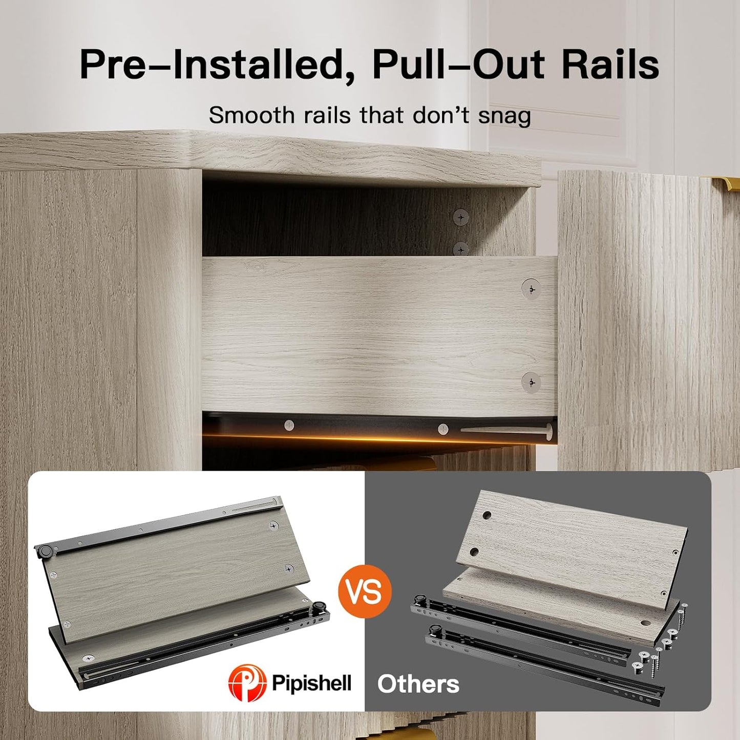 Pipishell Dresser for Bedroom, Fluted 5 Drawers Dresser, 40" Tall Modern Chest of Drawer with Round Edge & Pre-Installed Drawer Slides, Natural Wood Drawer Organizer for Bedroom, Hallway, Gray