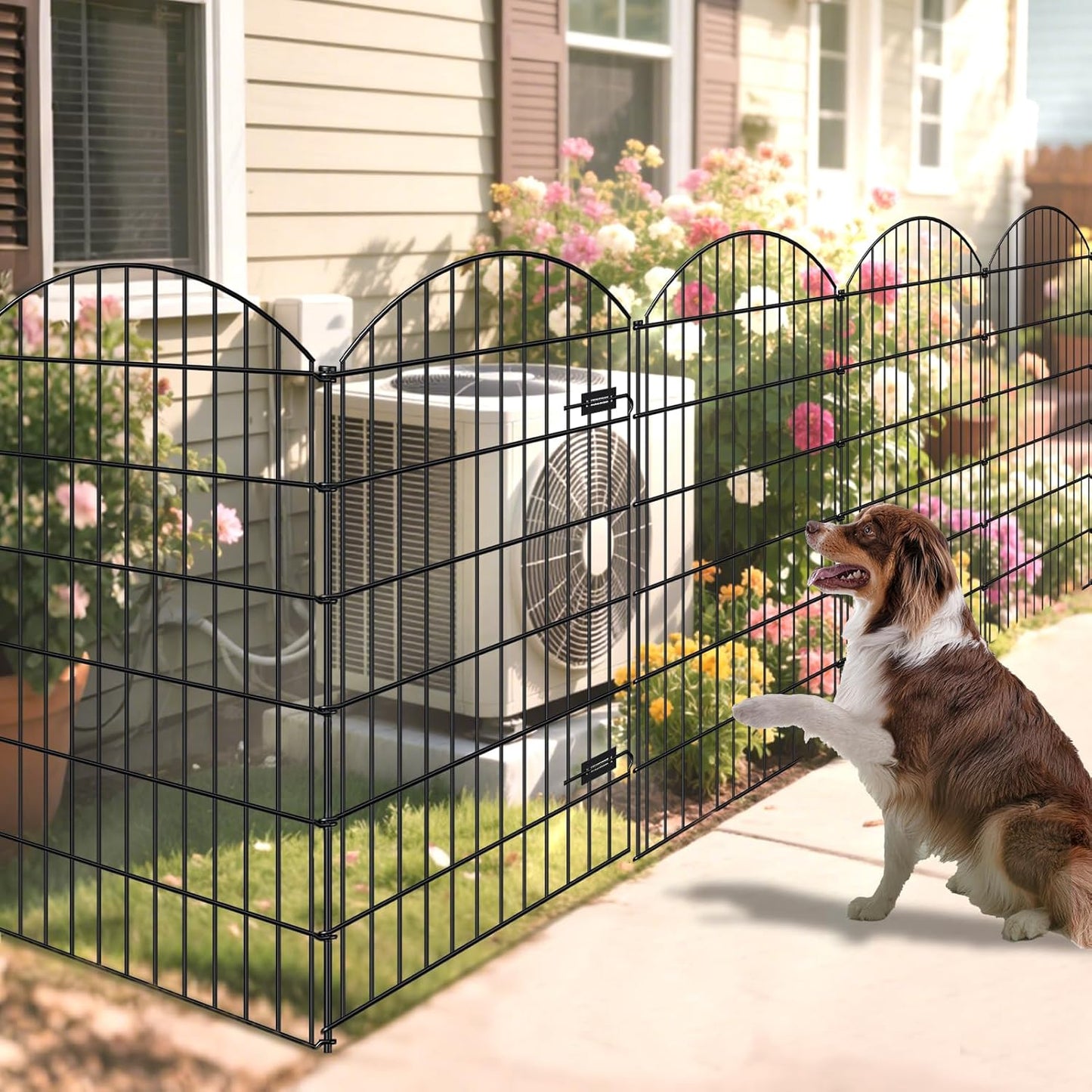 Metal Garden Fence with Gate 48in (H) x 20.3ft (L), 1 Gate+ 7 Panels Dog Fences Border Fence Animal Barrier, No Dig Garden Fencing for Yard Flower Bed Lawn Patio Outdoor, ECG4808G, Black