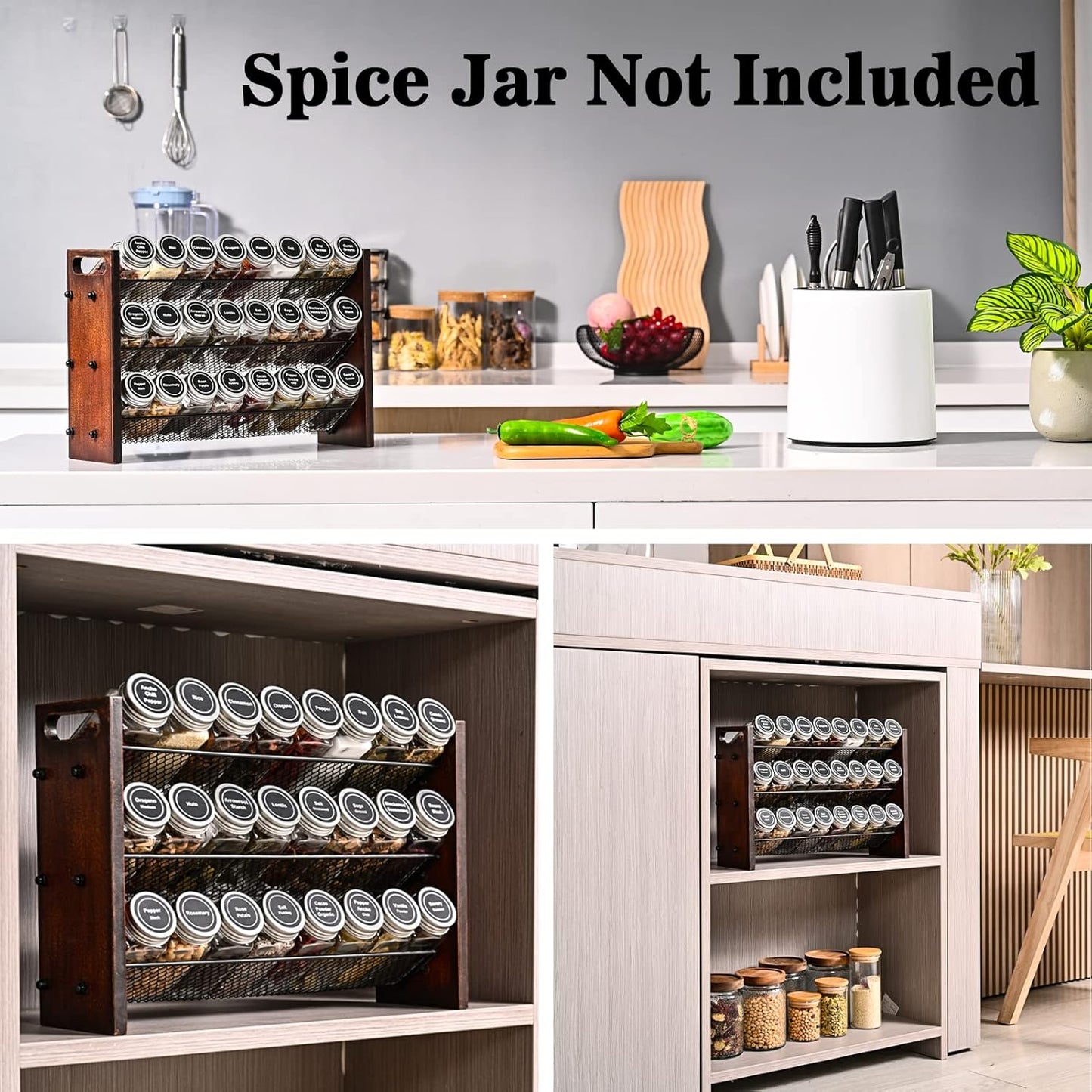 Spice Rack, Spice Rack Organizer without Seasoning Jars, Wooden Rustic 3 Tier Kitchen Spice Organizer Shelf for Cabinet, Countertop or Wall Mount