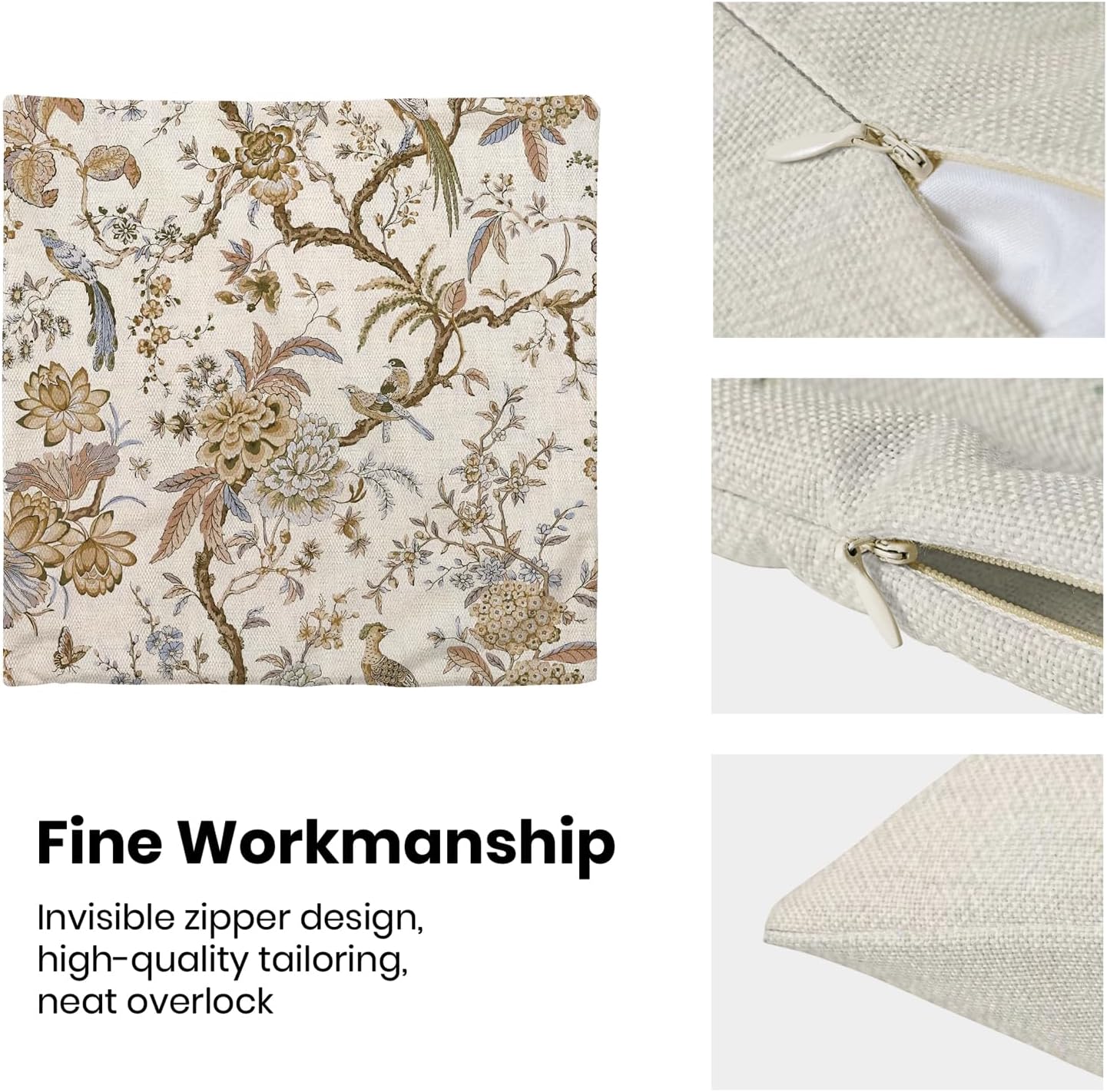 CXMEIFLY Spring Floral Birds Pillow Covers 18 x 18 Inch Set of 2 for Chinoiserie Flowers Decor Throw Pillows Brown and White Plant Outdoor Decorative Cushion Cases for Couch Bed Decorations