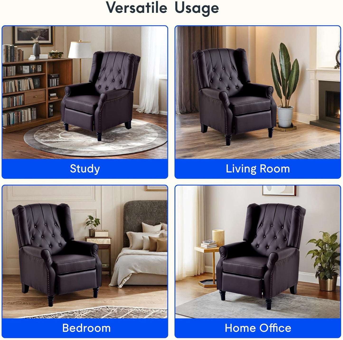 Softa Recliner Chair for Adults, Mid Century Wingback Pushback Accent Chair with Rivet Decoration, Tufted Upholstered Single Sofa Armchair for Living Room, Bedroom, Study (PU, Brown)