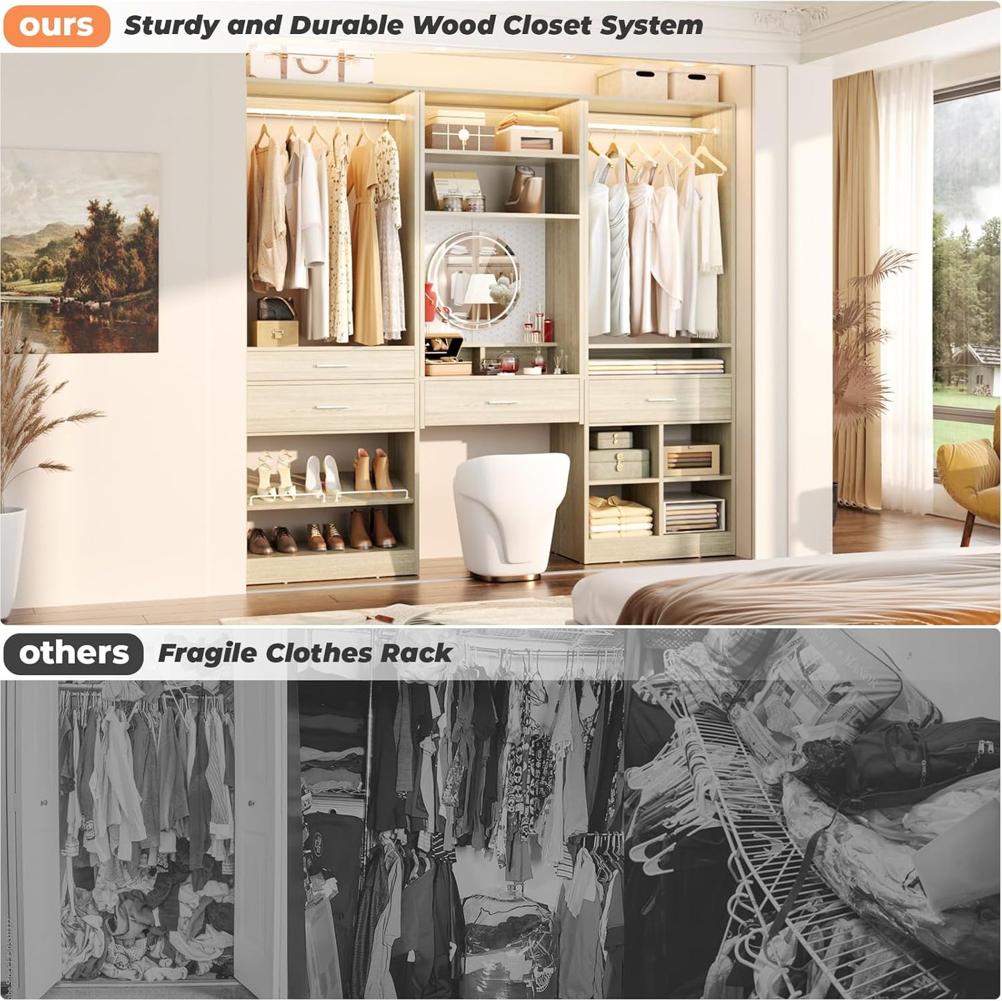 Unikito 75” Modular Closet System, Freestanding Closet Organizer with Hanging Rods, Drawers, Adjustable Clothes Garment Rack with Shoe Rack, Sturdy Walk in Closet Set for Bedroom, Mudroom, White Oak