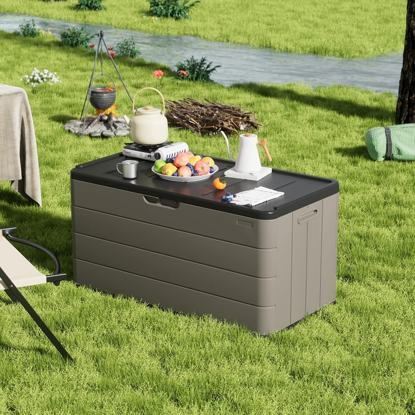 ZZM 110 Gallon Lockable Resin Deck Box, Waterproof Outdoor Storage Box for Patio Cushion Storage Cabinet and Tools Storage, Coffee