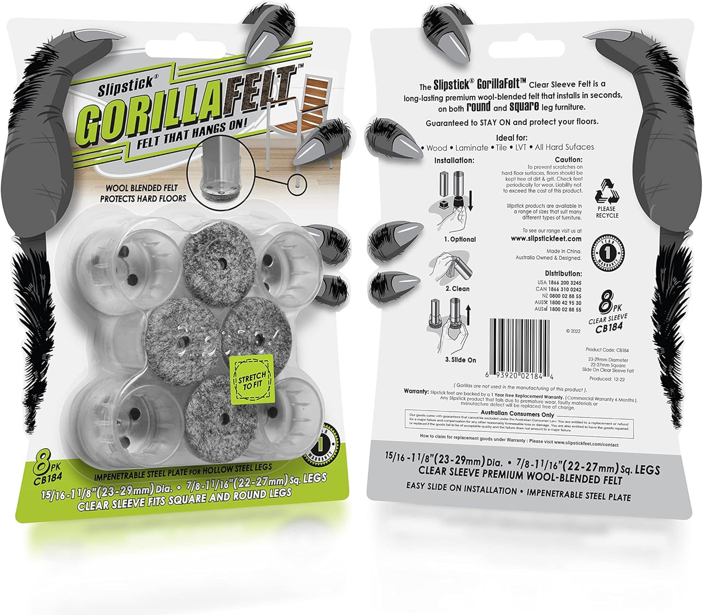 Slipstick GorillaFelt Chair Leg Floor Protectors for Hardwood Floors, Clear Sleeve Felt Pads for Furniture That Stay On, Fits Round & Square Legs, Includes 8 Premium Transparent Chair Socks, CB184