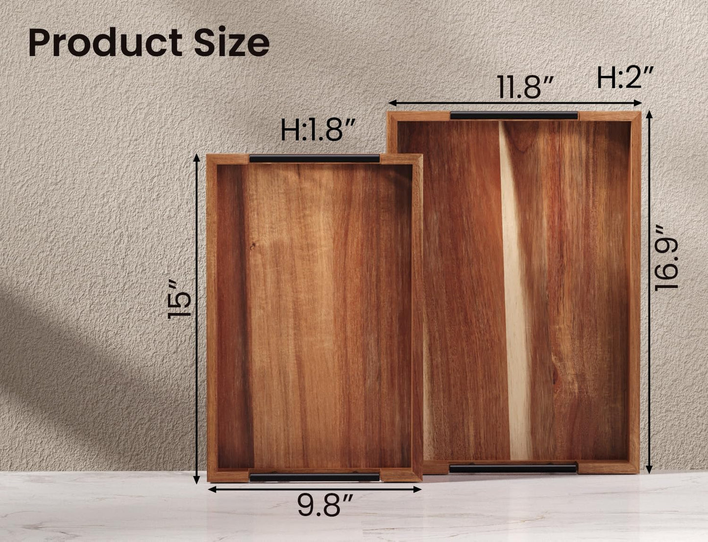 Acacia Wood Set of 2 Serving Tray with Metal Handles,Ottoman Decorative Trays Platter for Coffee Table,Living Room,Bar,Party