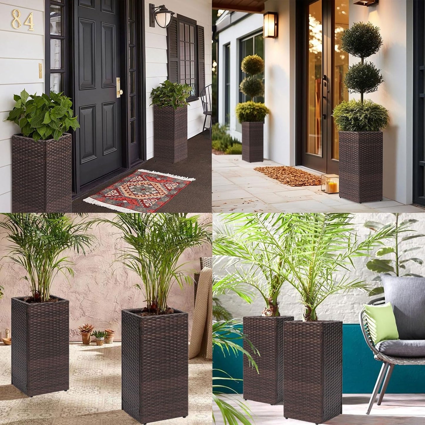 LEWIS&WAYNE Set of 2 Tall Planters for Outdoor Plants Handmade 24'' Wicker Tall Square Planter Box with Removable Liners Modern Planter for Indoor Outdoor Garden Patio Front Porch - Brown