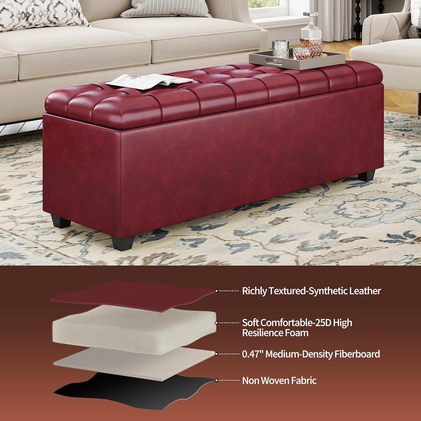38 Inches long Wine red Ottoman Bench with Storage, footstool Furniture End of Bed storage benches,Faux leather Ottomans with Storage and Seat for Foot rest in Bedroom, Living Room, Entryway