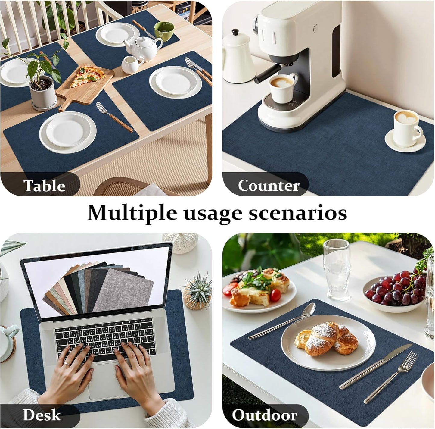 FROMHEART Faux Leather Placemats Set of 4–Waterproof,Heat/Oil Stain-Resistant PU Table Mat–Reversible,Non-Slip,Easy to Clean Place Mats for Kitchen,Dining,Indoor/Outdoor,(Dark Blue,11.8" x 17")