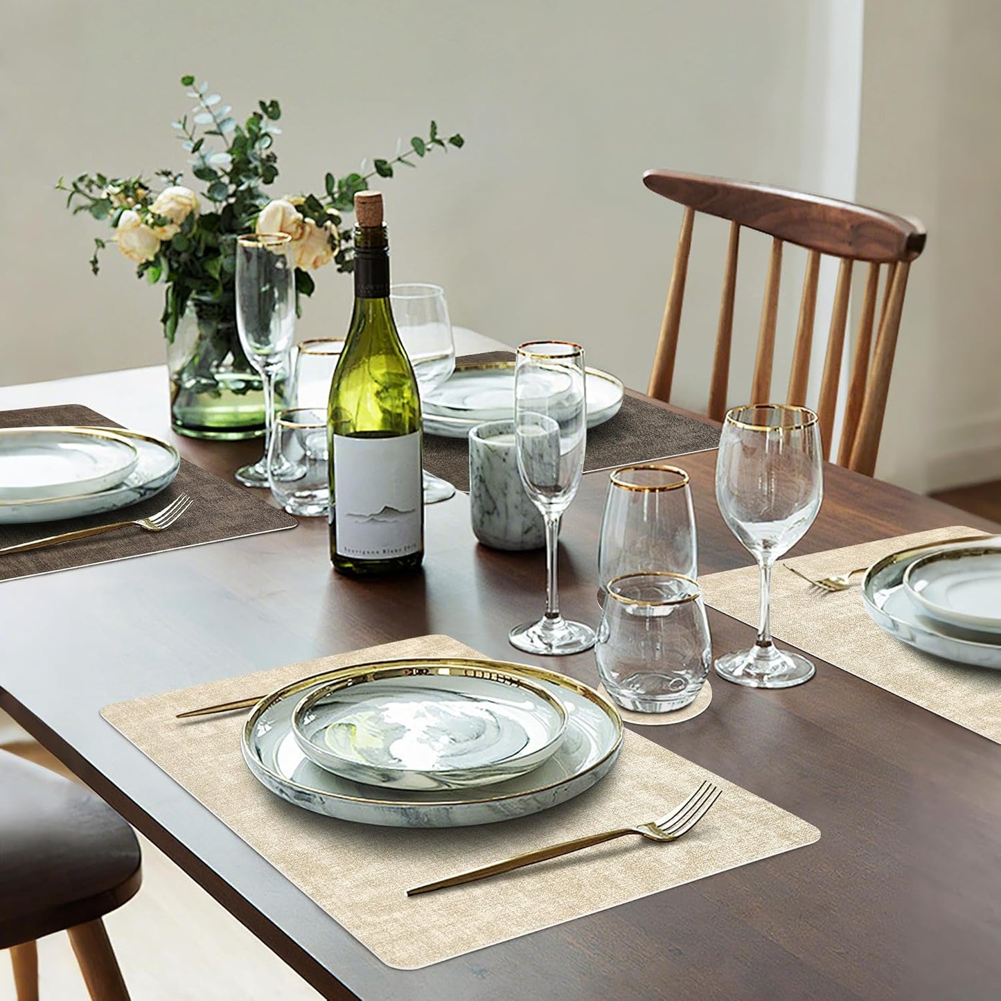 Faux Leather Dual Sided Placemats Set of 6, Square Non-Slip Heat Resistant Placemats with Coaster, Reversible wipeable Waterproof Table Mats for Kitchen, Dining, Outdoor (6, Beige Dark Coffee)