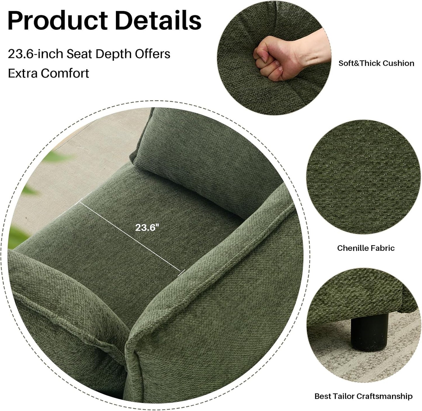 35.4" Wide Oversized Chenille Single Sofa Chair with 2 Pillows, Modern Upholstered Accent Chair Armchair for Livingroom Bedroom Apartment, Green