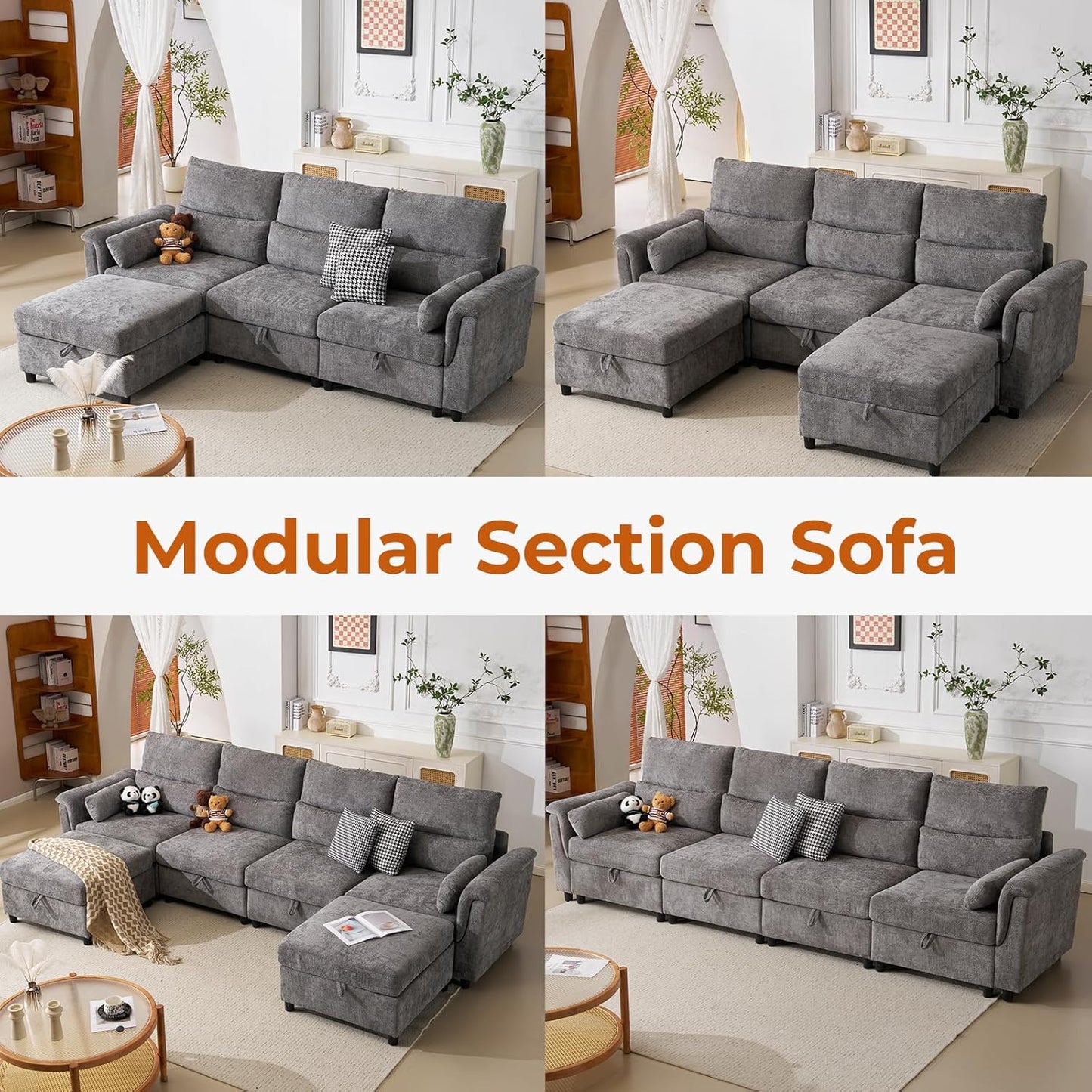 132'' Oversized Modular Sectional Sofa, L Shaped Comfy Cloud Sectional Couch with Storage, 5 Seat Extra Deep Seat Modular Sofas with Throw Pillows for Living Room, Grey