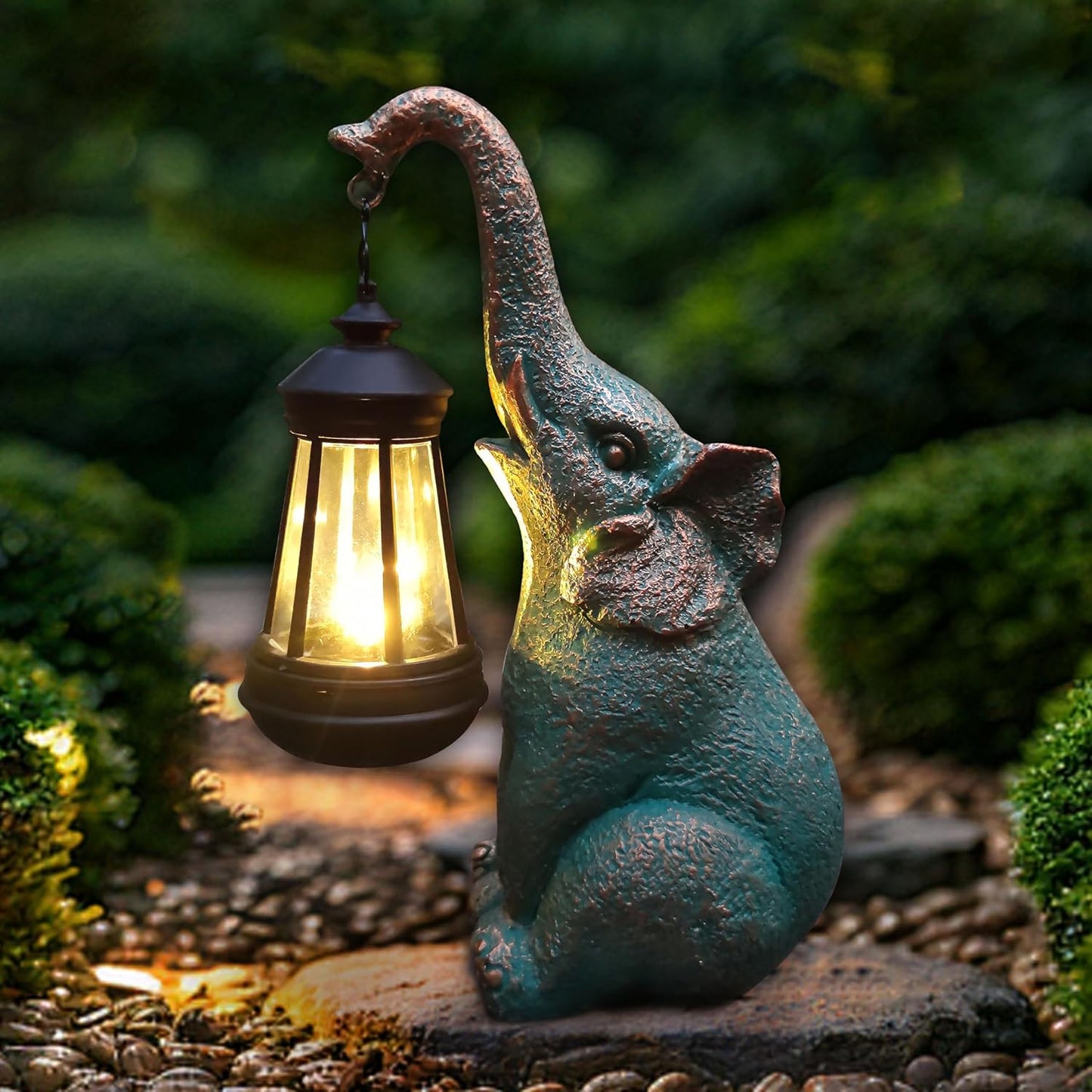 Elephant Garden Statue Outdoor Décor with Solar Lights Lantern,Elephant Solar Light Figurines Outside Decorations for Yard,Lawn Patio, Balcony, Unique Housewarming Gifts