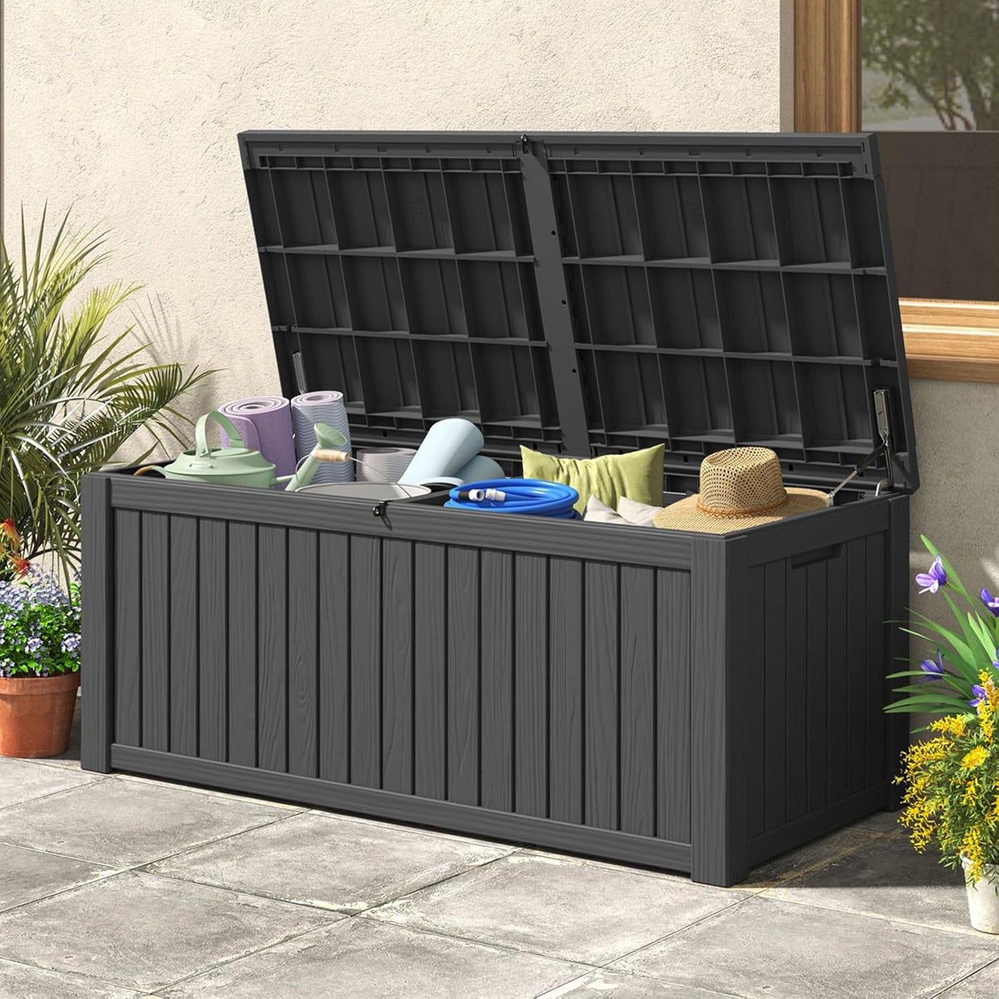 Outdoor Storage Box, 180 Gallon Deck Box, Waterproof and UV Resistant Large Resin Storage Bin, Organization and Storage for Patio Furniture, Outdoor Cushions, Garden Tools, Lockable