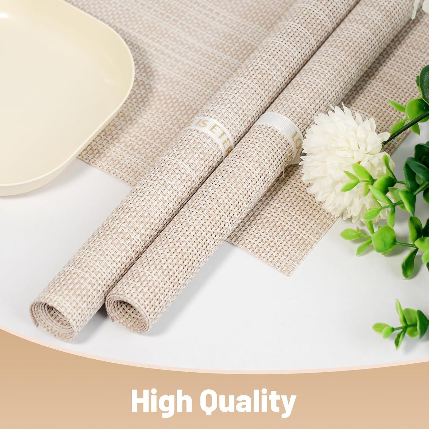 Placemats Set of 12,Non-Slip PVC Weave Table Mats Easy to Clean,Heat Resistant Place Mats for Kitchen Dining Table Decoration Indoor Outdoor,Beige White