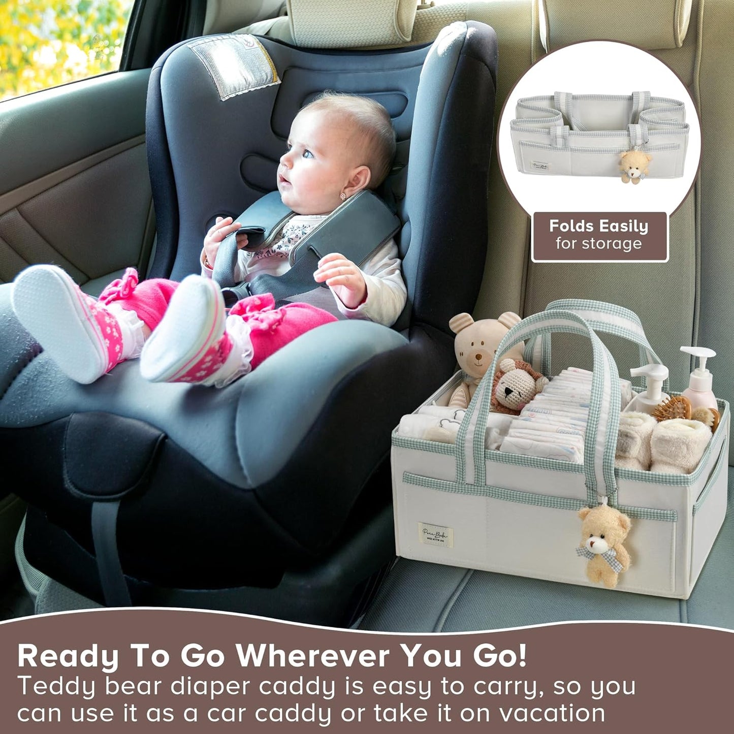 PeraBella XL Diaper Caddy Organizer With Handle, Baby Shower Gifts Basket Bag, Registry Search Must Haves Items, Newborn Girl Boy Nursery Storage Organizer, Baby Bag Essentials, Car Diaper Caddy Cart