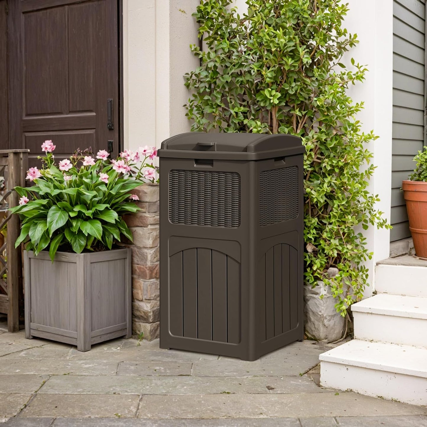 YESHOMY 33 Gallon Resin Outdoor Trash Can with Lid, Hideaway Waterproof Patio Garbage Bin, Brown