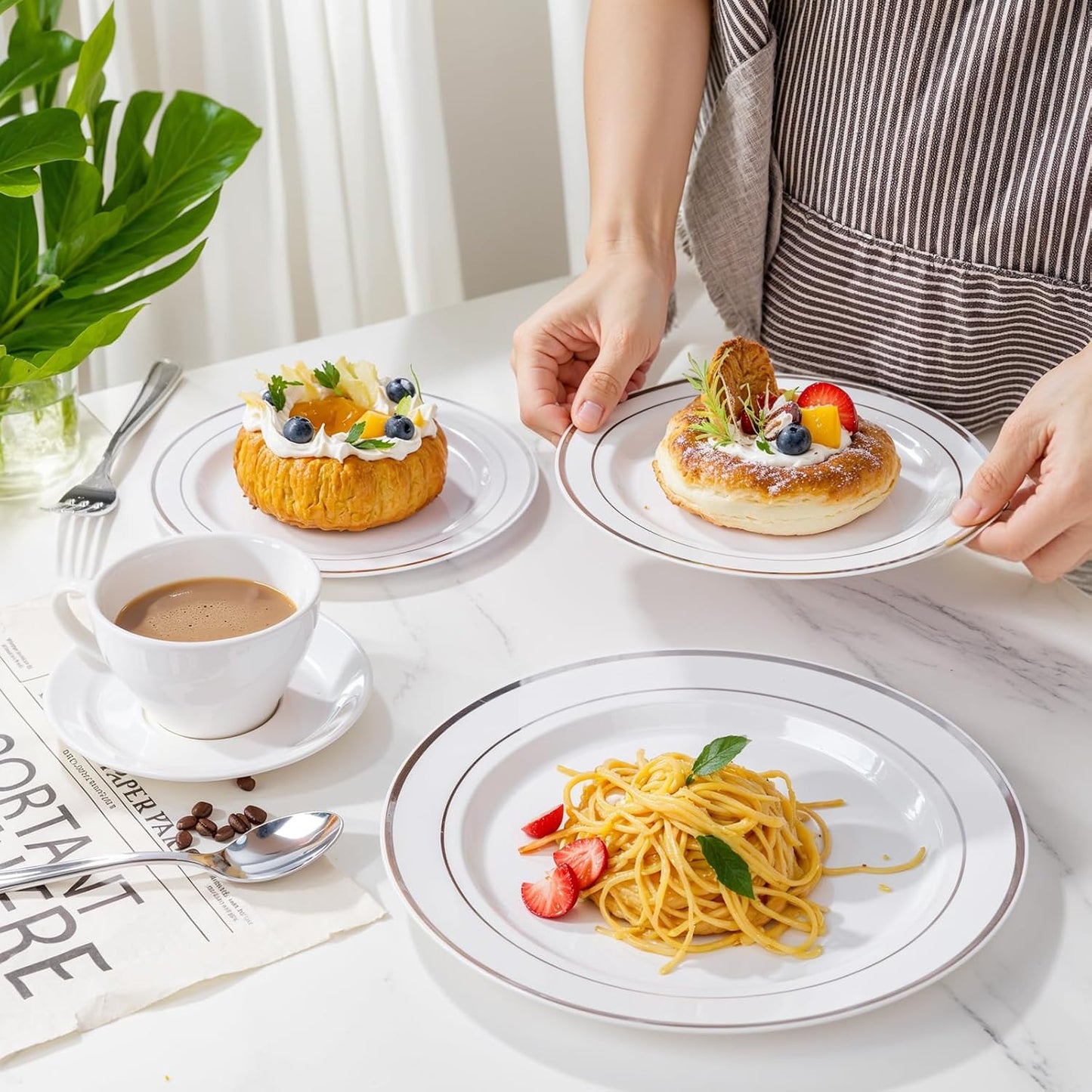 350Piece Silver Plastic Dinnerware Set for 50 Guests - Silver Plastic Plates with Cutlery Include:50Dinner Plates-50Dessert Plates-50Pre Rolled Napkins with Silverware