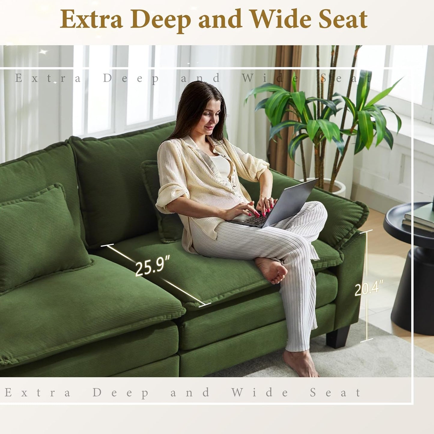 URRED Modular Sectional Sofa Comfy Cloud Couch, Modern Corduroy Sofa Sleeper Deep Seat Couches with Ottoman/Pillows for Living Room (Green, 82.6''- L Shape)