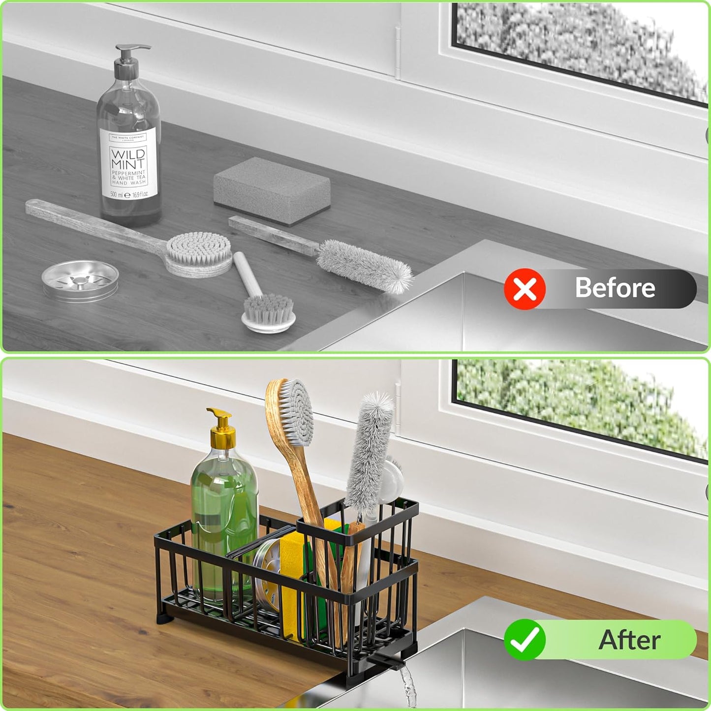 Black Sponge Holder for Kitchen Sink, Self-Draining Kitchen Sink Organizer with High Brush and Dishcloth Holder,304 Stainless Steel, Rustproof, Soap Caddy Dispenser for Countertop