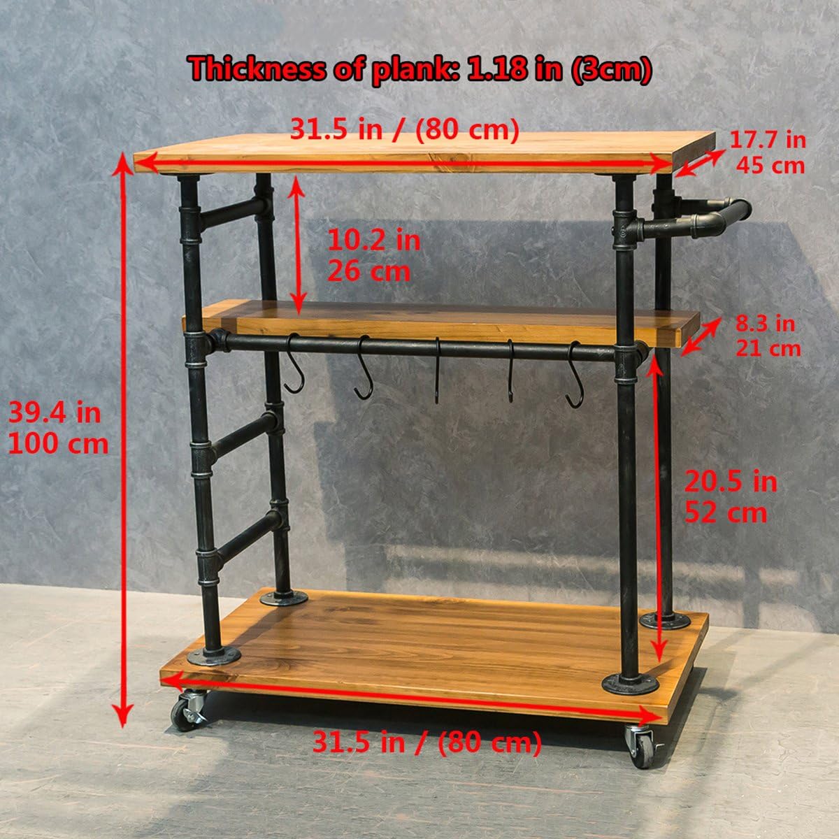 Industrial Portable Kitchen Island on Wheels,Bar Carts for the Home Wine Bar Beverage Coffee Cart,Metal Rolling kitchen carts and islands,Wood and Pipe 3-Tier Butcher Block Island Food Serving Cart