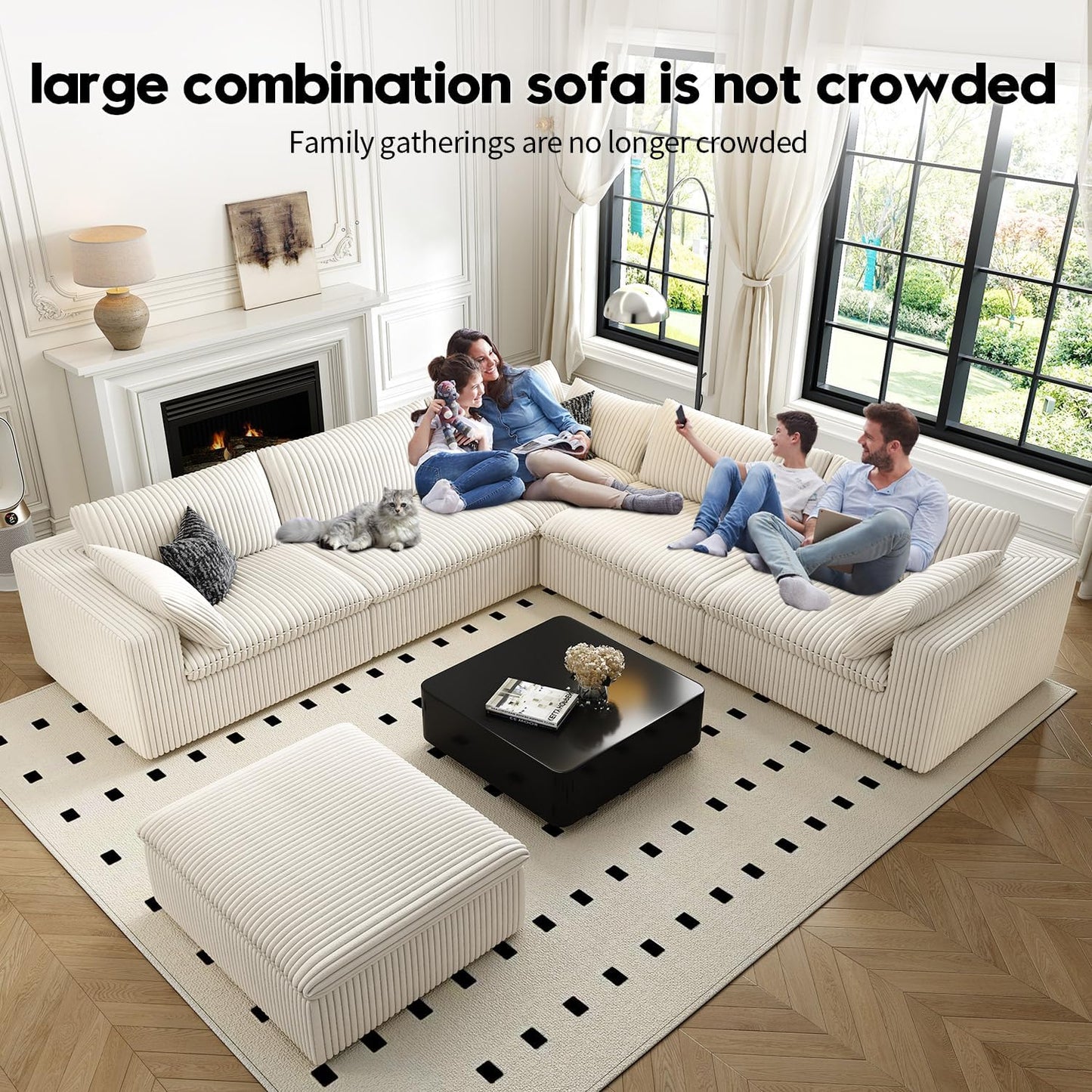 118" Cloud Couch Oversized Modular Sectional Sofa for Living Room,Modern Sofa with Deep Seat,6 Seater Boneless Couch,Comfy Upholstered Corduroy Couches for Apartment, Studio, Office,Bedroom,White