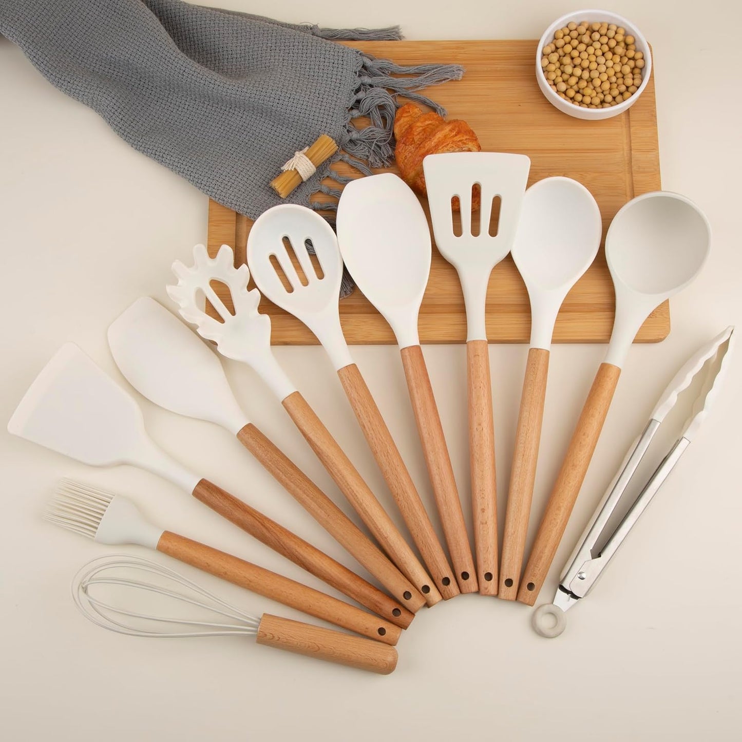 Silicone Cooking Utensils Set, Premium Beech Wood Handle Kitchen Gadgets Utensil Set, Non-Stick Kitchen Utensils Spatula, Tongs, Turner, Whisk, Brush, Spoon, BPA FREE, 446°F Resistant (White)