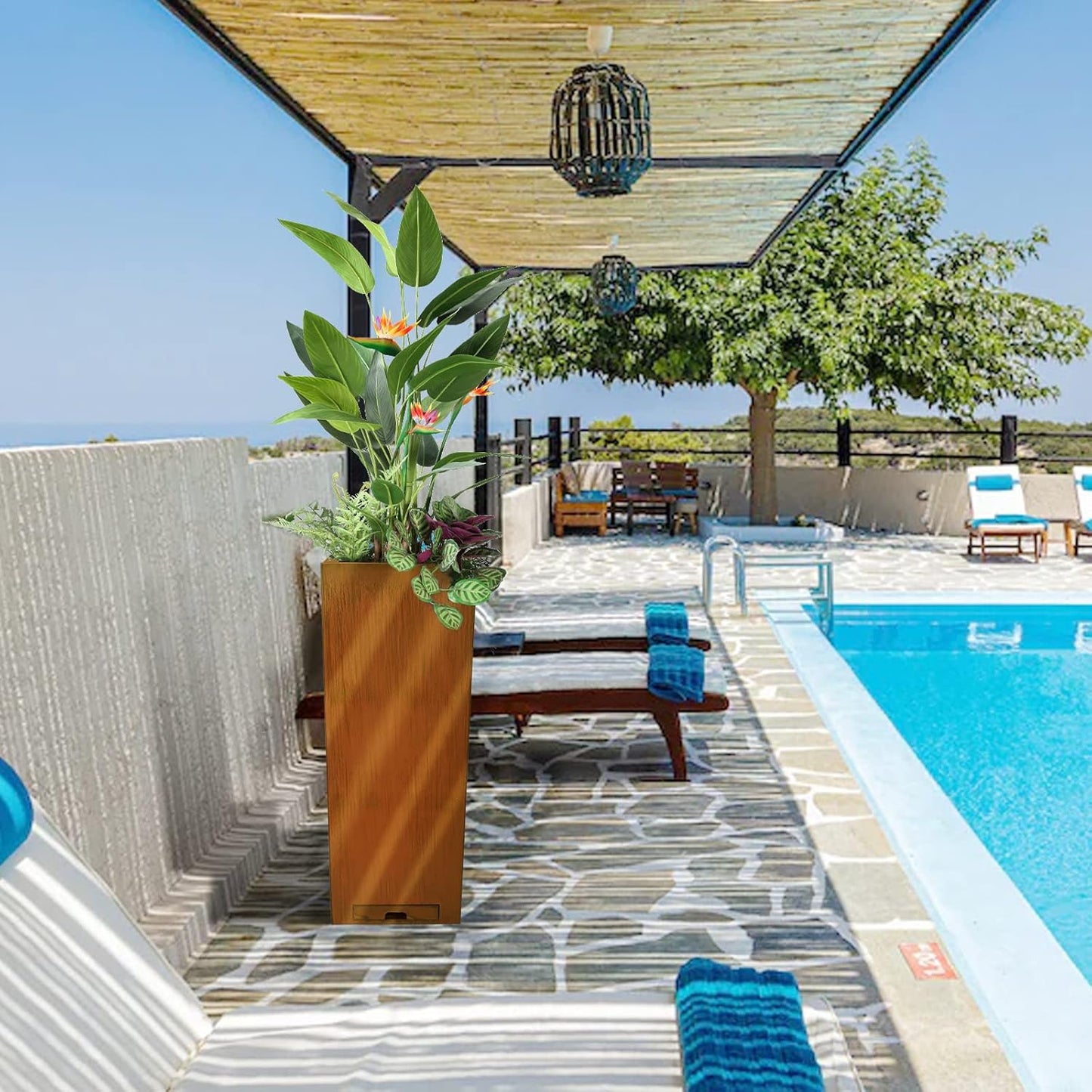 KOL Pre-Rusted Steel 30''H Planter Box, Weathering Steel Planter Box,Rustic Finish Metal Tall Rectangular Plant Pot, Modern Industrial & Residential Outdoor Indoor, 12" L. x 12" W. x 30" H, Rusty.