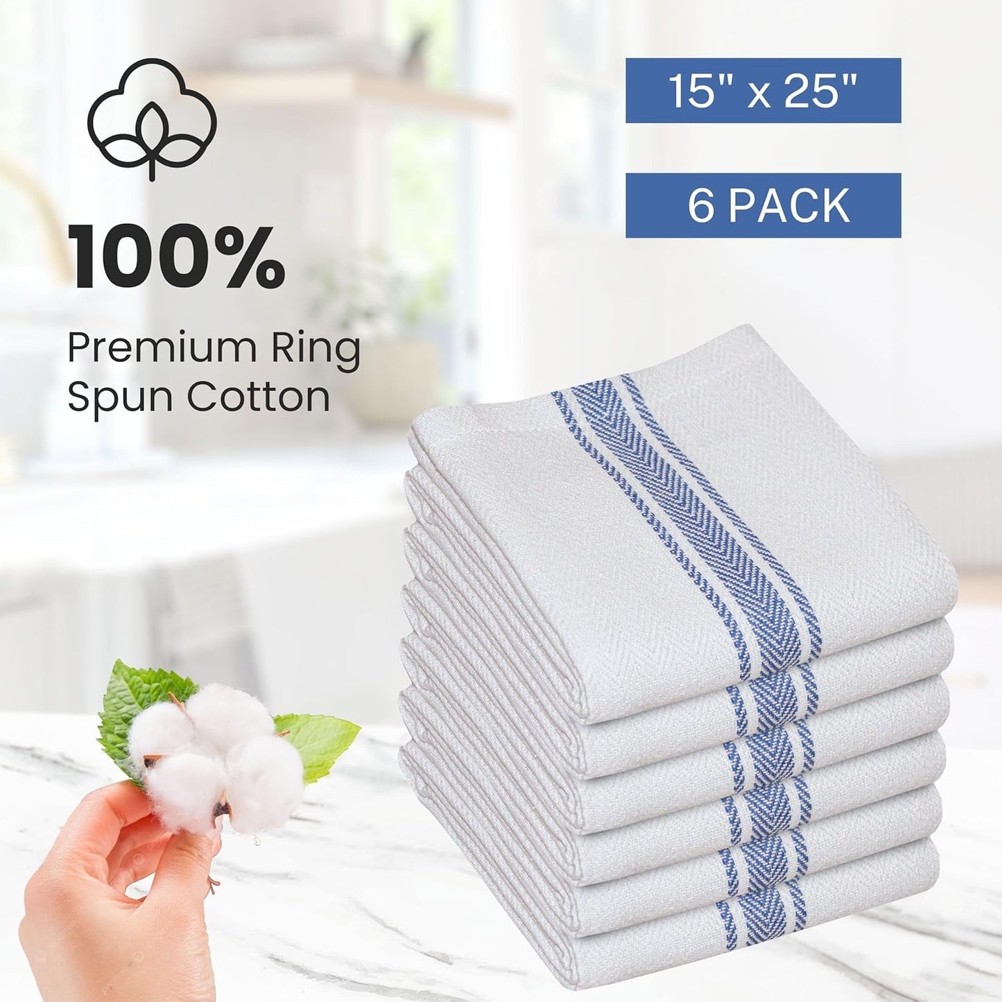 WHITEWRAP Kitchen Dish Towels for Kitchen, Highly Absorbent for Drying and Cleaning, Durable and Soft Tea Towels – 6 Pack, 100% Ring Spun Cotton 15 x 25 Inches – Blue