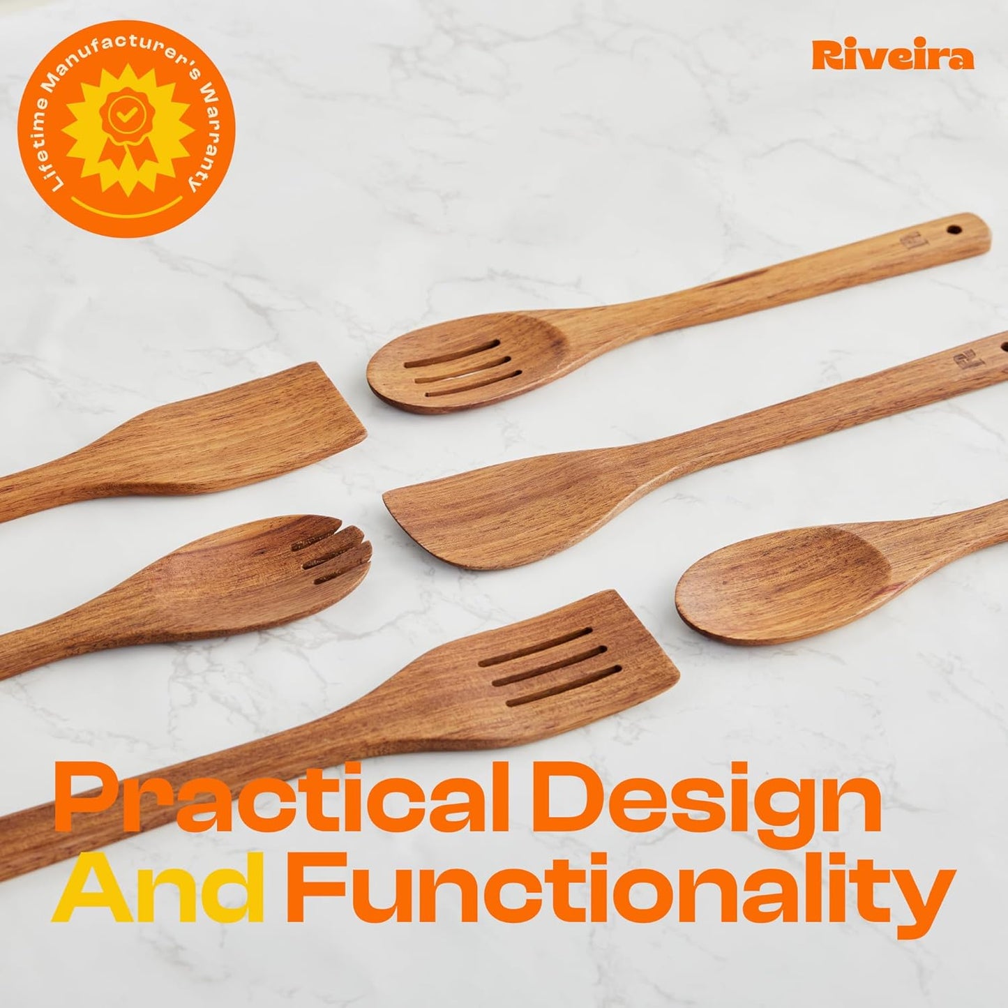 Riveira Teak Wooden Spoons for Cooking Set of 6 – Natural Teak Wooden Cooking Utensils, Wooden Spatula, Wooden Spoon - Premium Quality Wooden Utensil Set for Non-Toxic Cooking