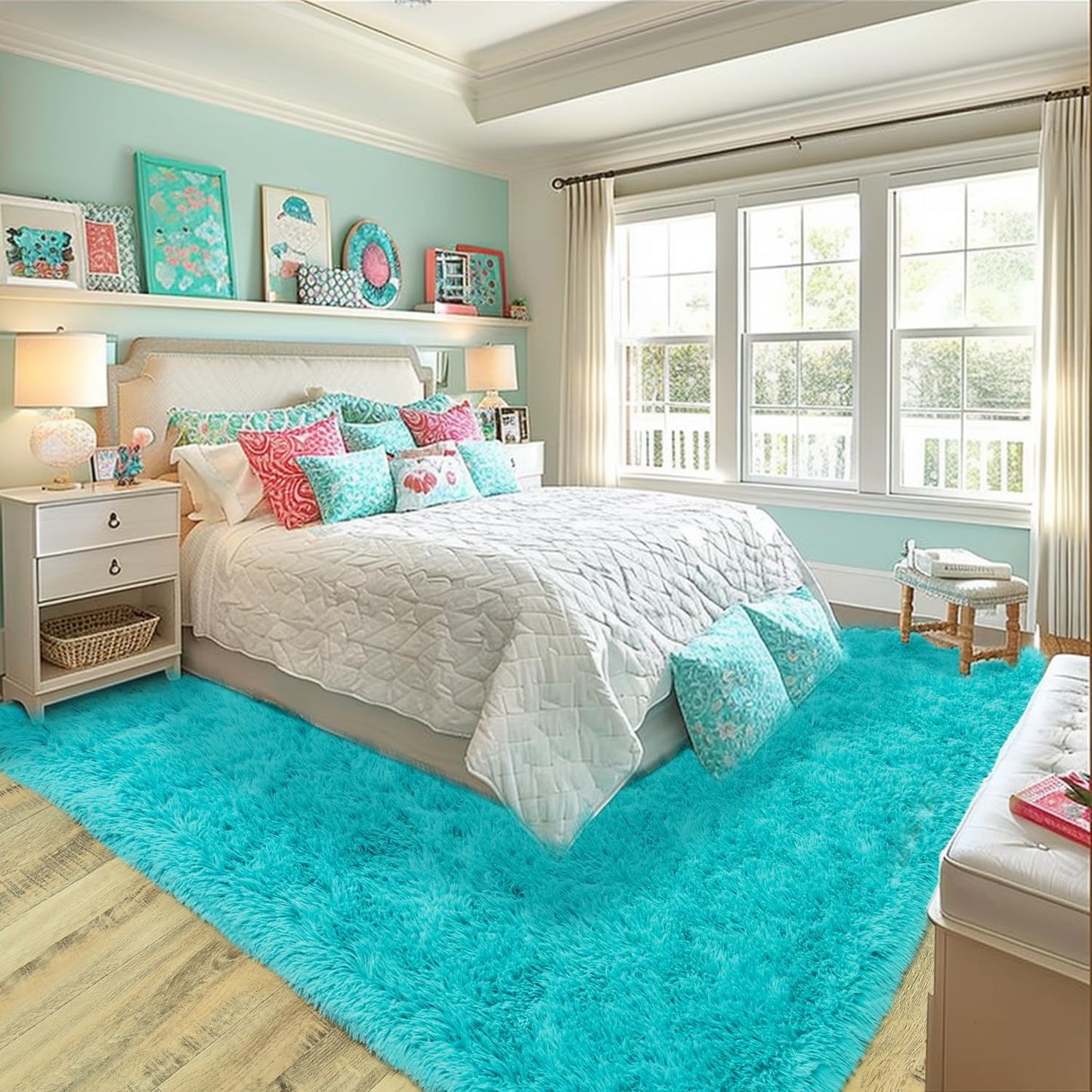Extra Large Fluffy Area Rug for Bedroom Living Room, 9x12 Feet Teal Blue Modern Indoor Carpets Room Colorful Rugs, Plush Indoor Nursery Classroom Home Decor Bedside Rug with Non-Slip Bottom