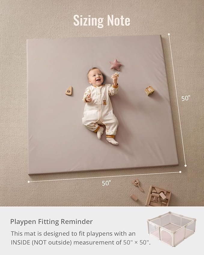 Blissful Diary Vegan Leather Baby Play Mat, 50x50 Thicken Foam Cushioned & Waterproof Playpen Mat for Infants and Toddlers, Stylish and Just Wipe-Clean Playmat for Baby Play on Floor, Brown Gray
