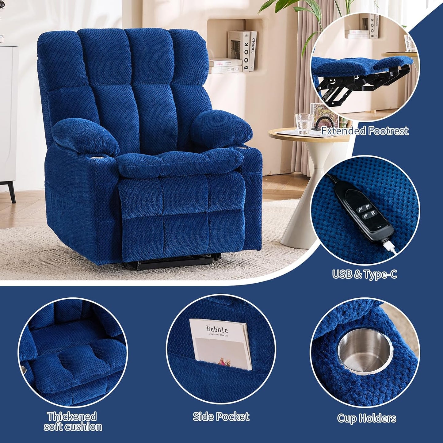 Dual Motor Power Lift Recliner Chair for Elderly,Electric Lift Chair with Adjustable Headrest, Heat and Massage,Lay Flat Recliner with Cup Holders,USB Ports,Type C,Zero Gravity, Blue
