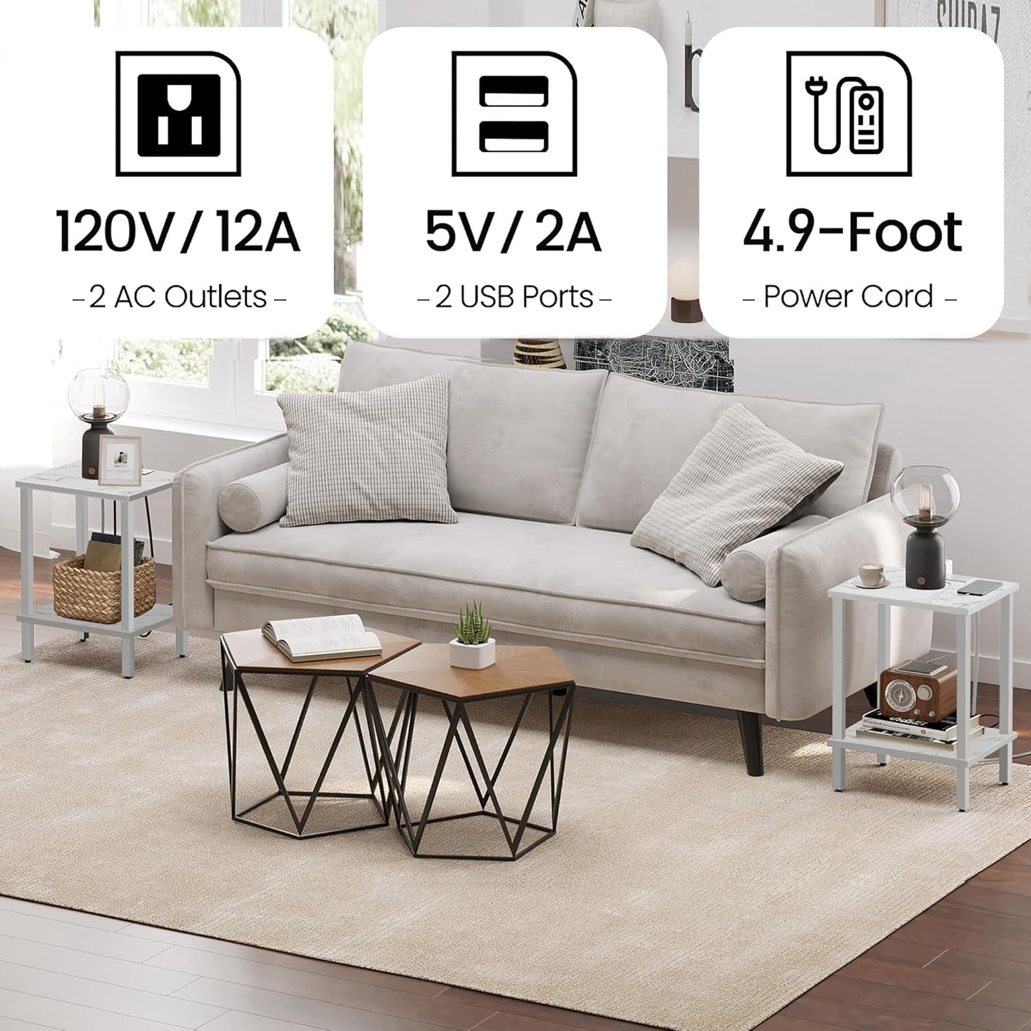 TUTOTAK End Table with Charging Station, Set of 2, Small Side Table, Nightstand Bedside Table, 2-Tier Storage Shelf for Small Space, Living Room, Bedroom, Marble White TB01BMW041