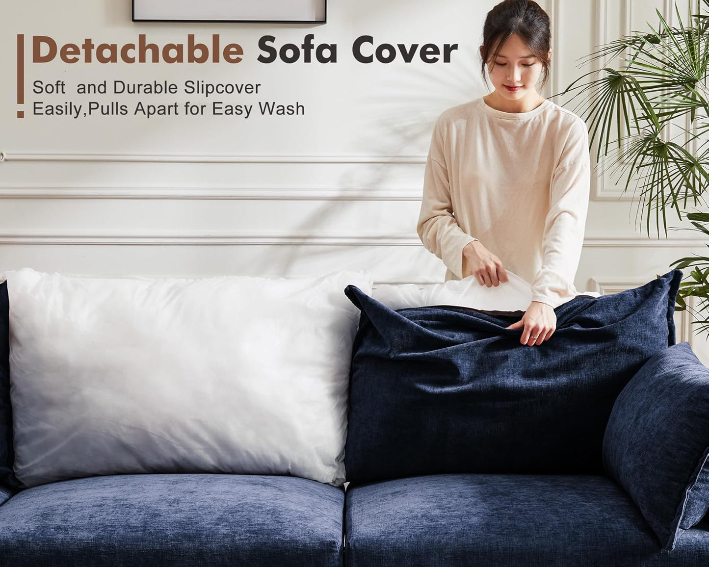 Oversized Accent Chair, Upholstered Modern Sofa Chair with Removable Backrest & Detachable Cover, 24.5" Deep Seat Large Reading Armchair for Living Room Bedroom Office - Chenille Blue Set of 1