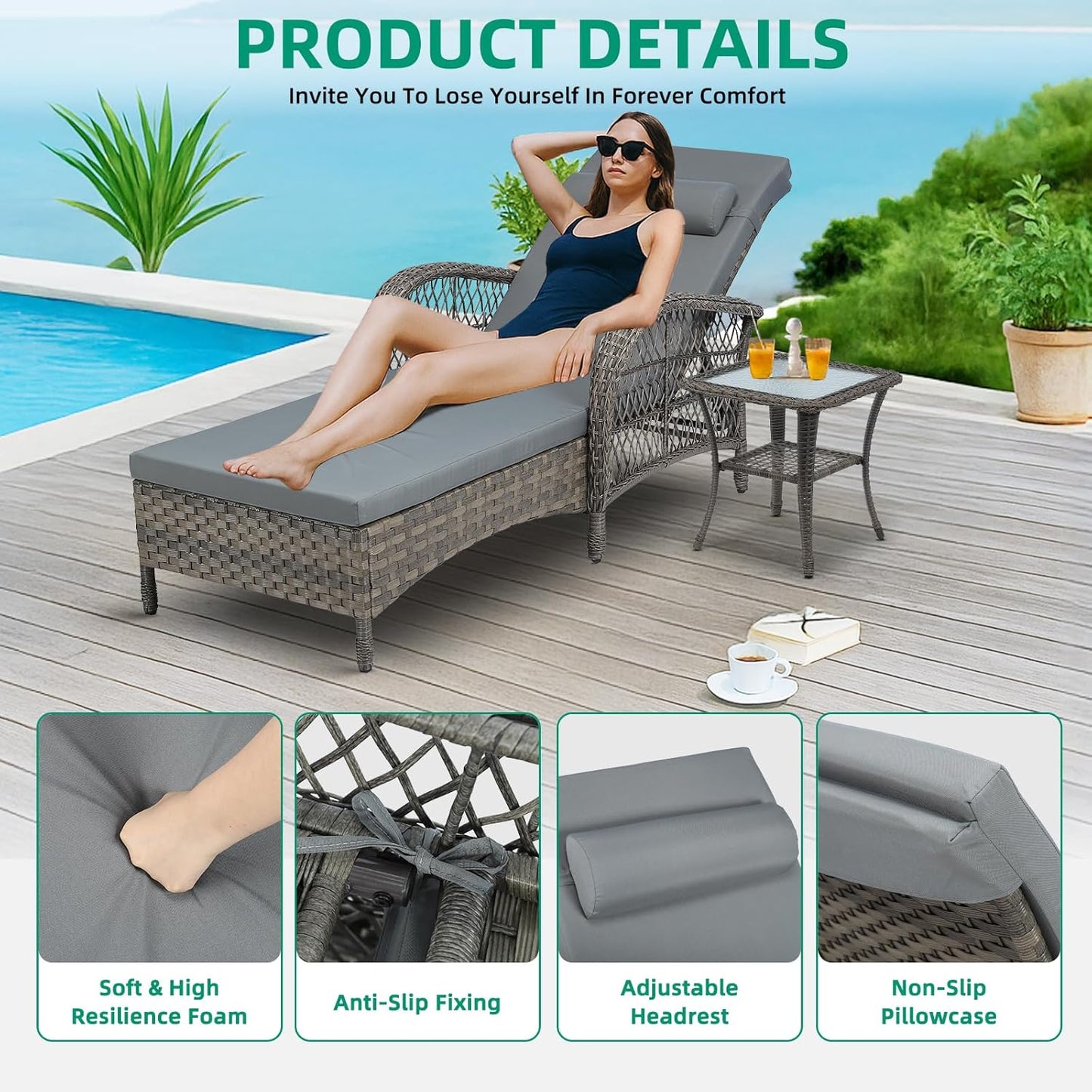 VIVIJASON Outdoor Wicker Chaise Lounge Chair, All-Weather PE Rattan Cushioned Patio Lounger Set with Side Table, 6-Position Adjustable Outside Pool Sunbathing Recliner with Armrest & Pillow, Gray