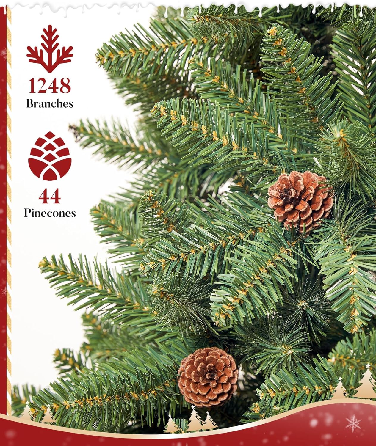 Decoway 7FT Artificial Christmas Tree: Unlit Green Xmas Pine with Pinecones and Metal Stand for Indoor - Holiday Decoration for Porch Living Room Easy Assembly