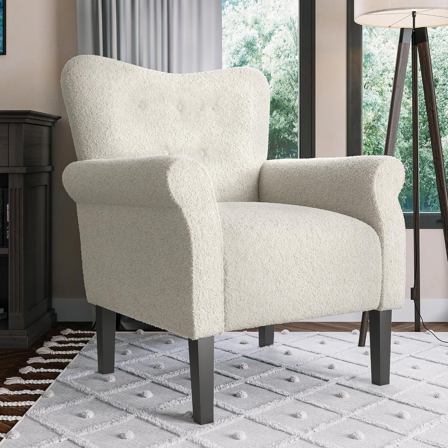 BELLEZE Modern Accent Chair for Living Room, High Back Polyester Armchair with Wooden Legs, Upholstered Wingback Side Chair Padded Armrest Single Sofa for Living Room, Bedroom - Allston (White)
