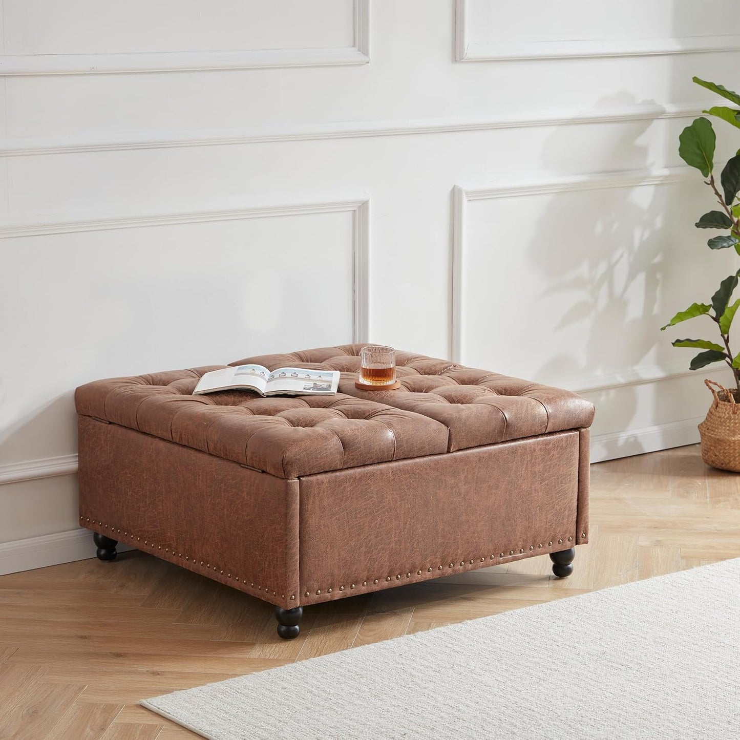 Tbfit Large Square Storage Ottoman Bench, Tufted Upholstered Coffee Table Ottoman with Lift Top & Solid Wood Legs, Oversized Storage Ottomans Toy Box for Living Room (Brown)