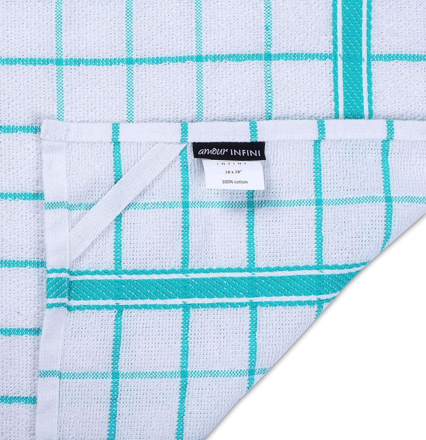 AMOUR INFINI Terry Cotton Kitchen Towels 4-Pack - Large 18 x 28 Inch, Absorbent & Soft Dish Towel with Hanging Loop, Washable Ideal for Cleaning, Drying (Teal)