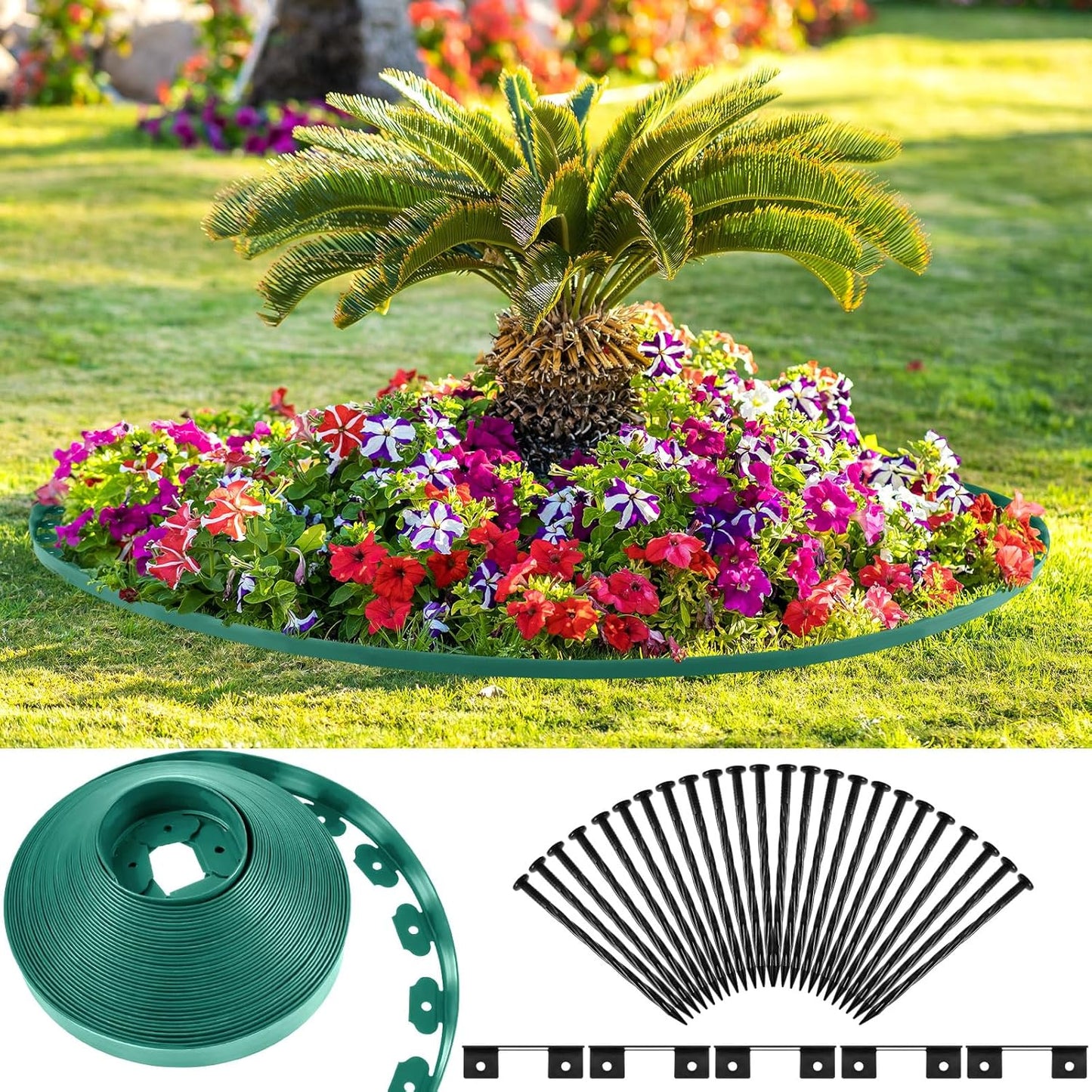 Sasylvia 1.5'' x 200' Landscape Edging Kit Edging Border Coil Include Anchoring Spikes 10 Connectors Plastic Garden Border for Lawn Garden Grass Yard Home(Green)