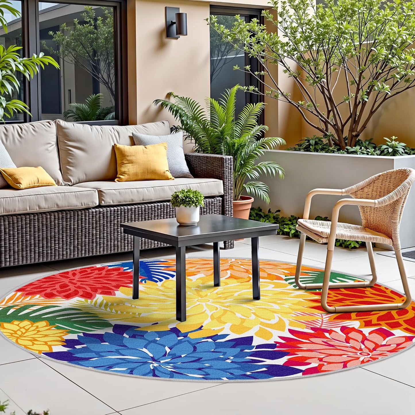 Indoor Outdoor 6FT Round Area Rug Washable Rugs Multicolored Patio Rug Tropical Botanical Modern Floral Indoor Outdoor Round Carpet Non Slip for RV, Pool Deck, Backyard, Porch